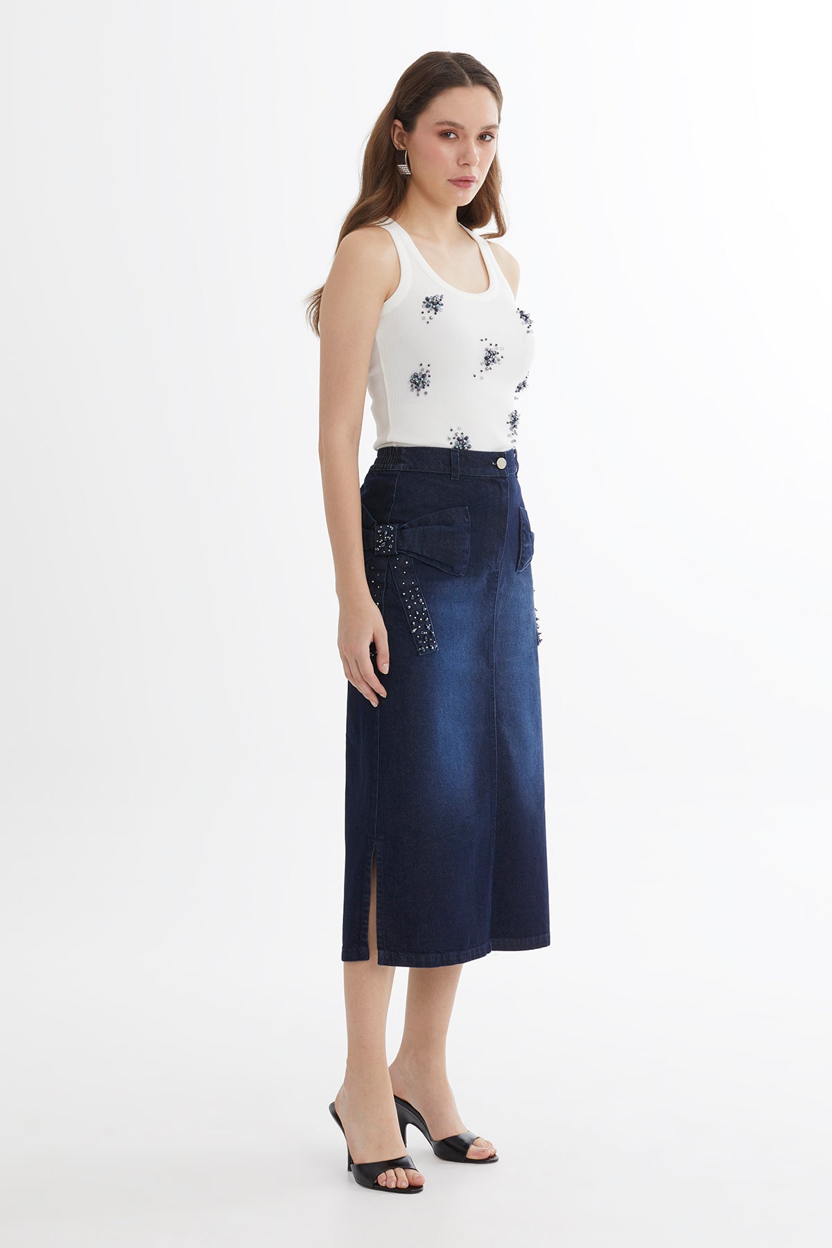 Blue Bow Detail Denim Midi Skirt