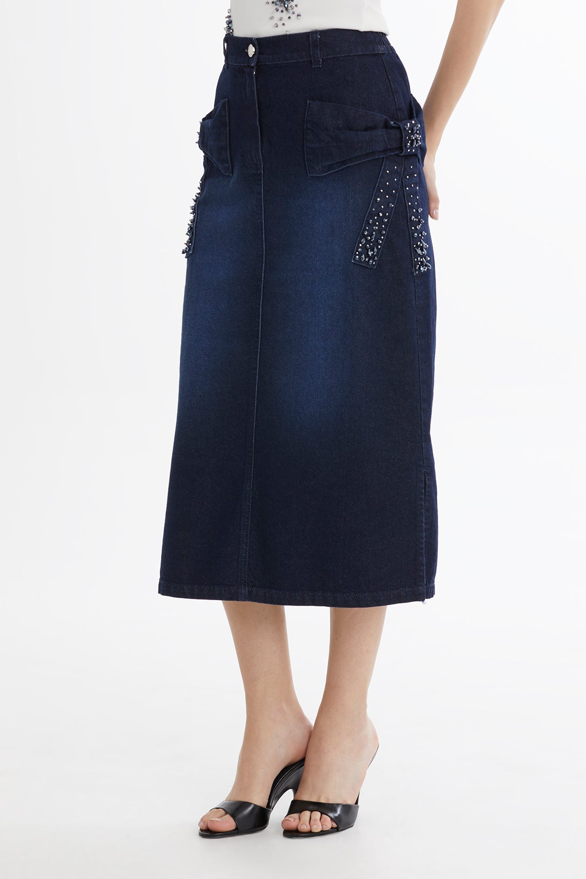 Blue Bow Detail Denim Midi Skirt