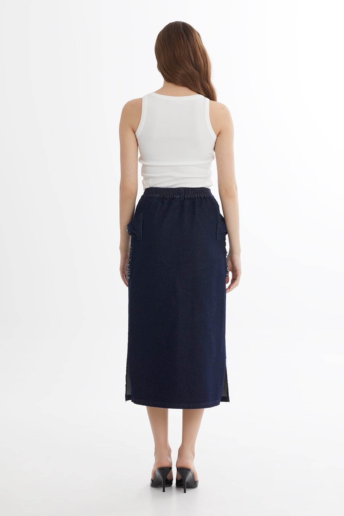 Blue Bow Detail Denim Midi Skirt