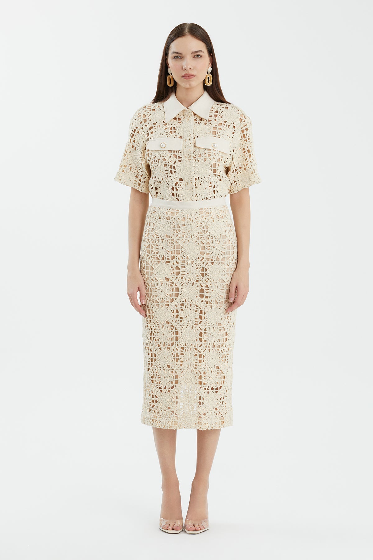 Ecru Slit Midi Pencil Skirt