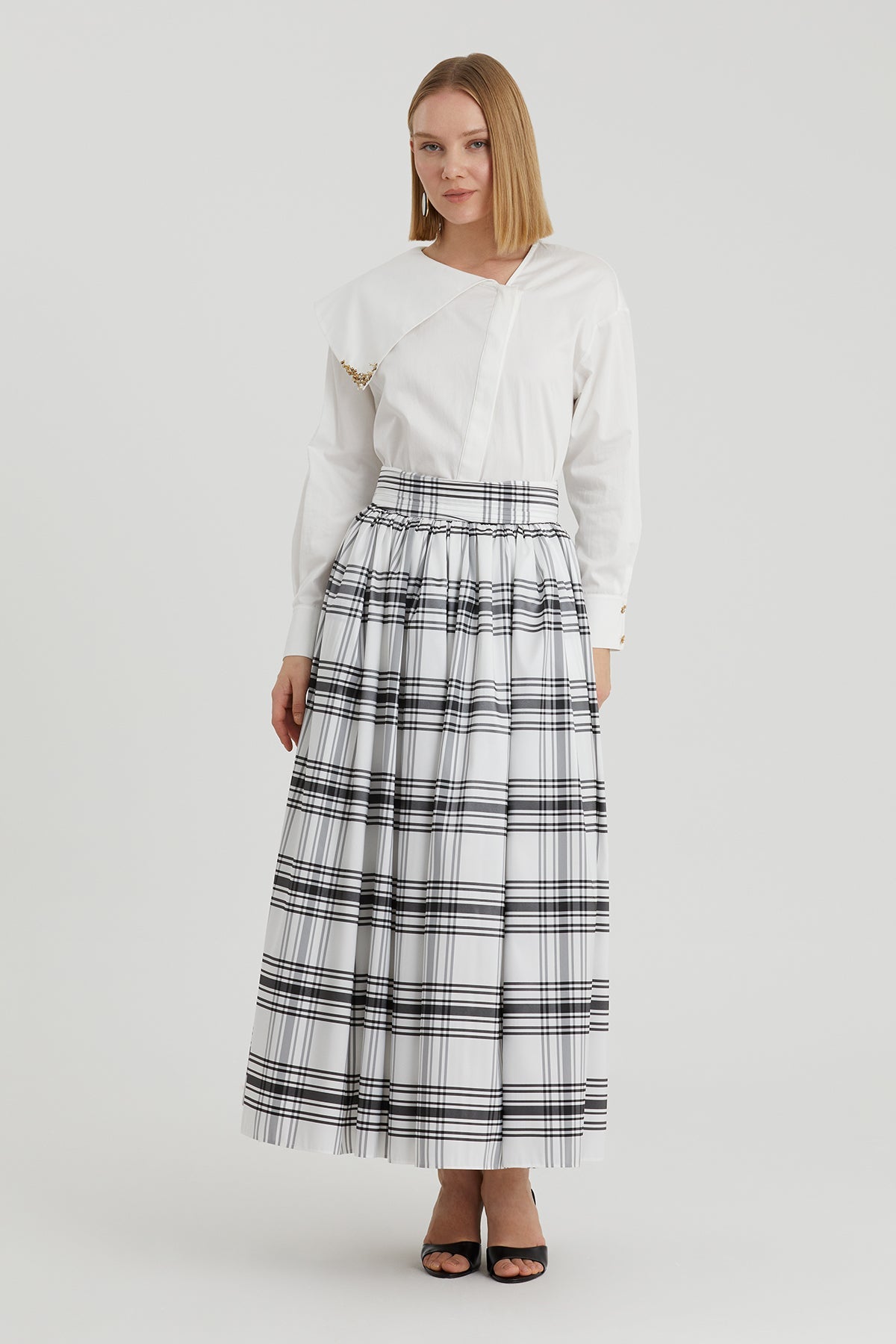 Black Checked Belted Maxi Skirt