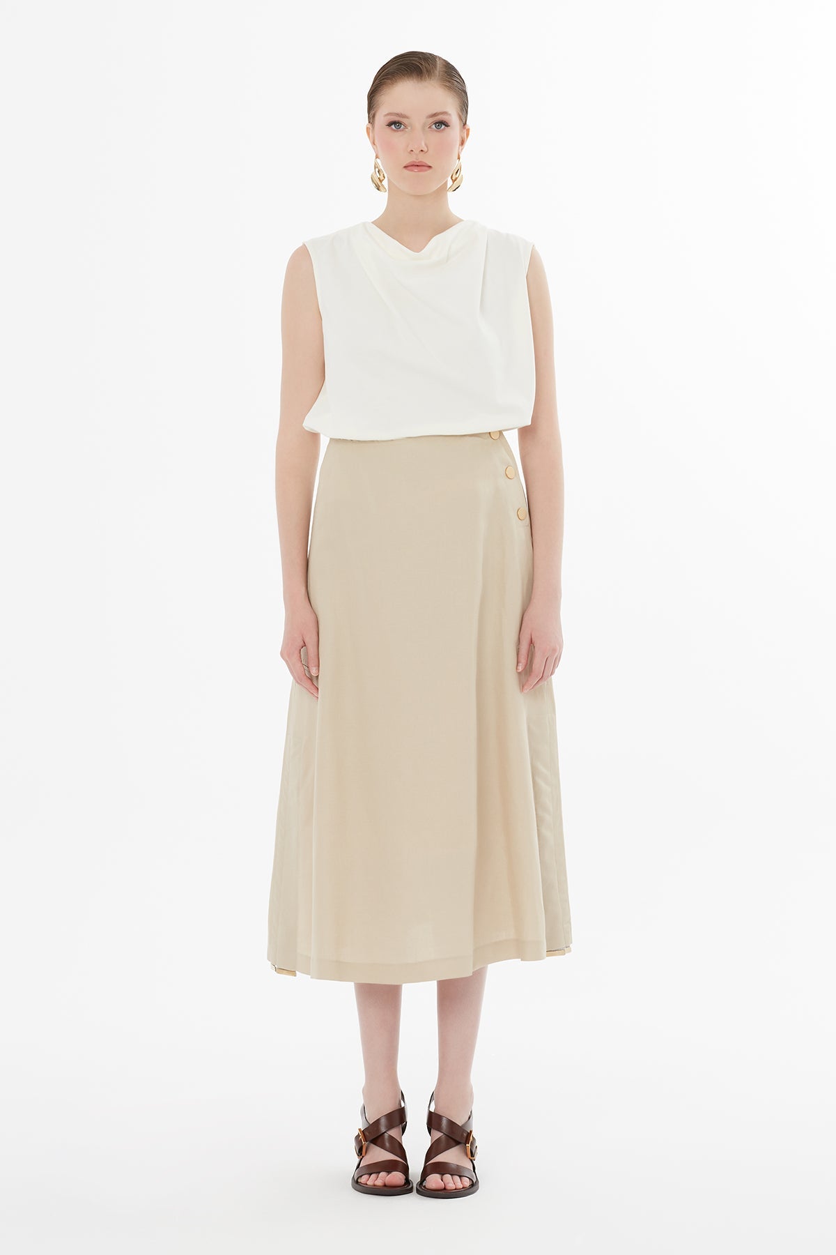 Beige Button-Closure Maxi Skirt