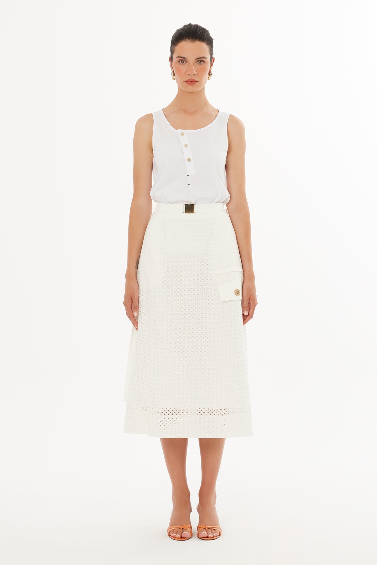 Ecru Belted Side-Slit Midi Skirt