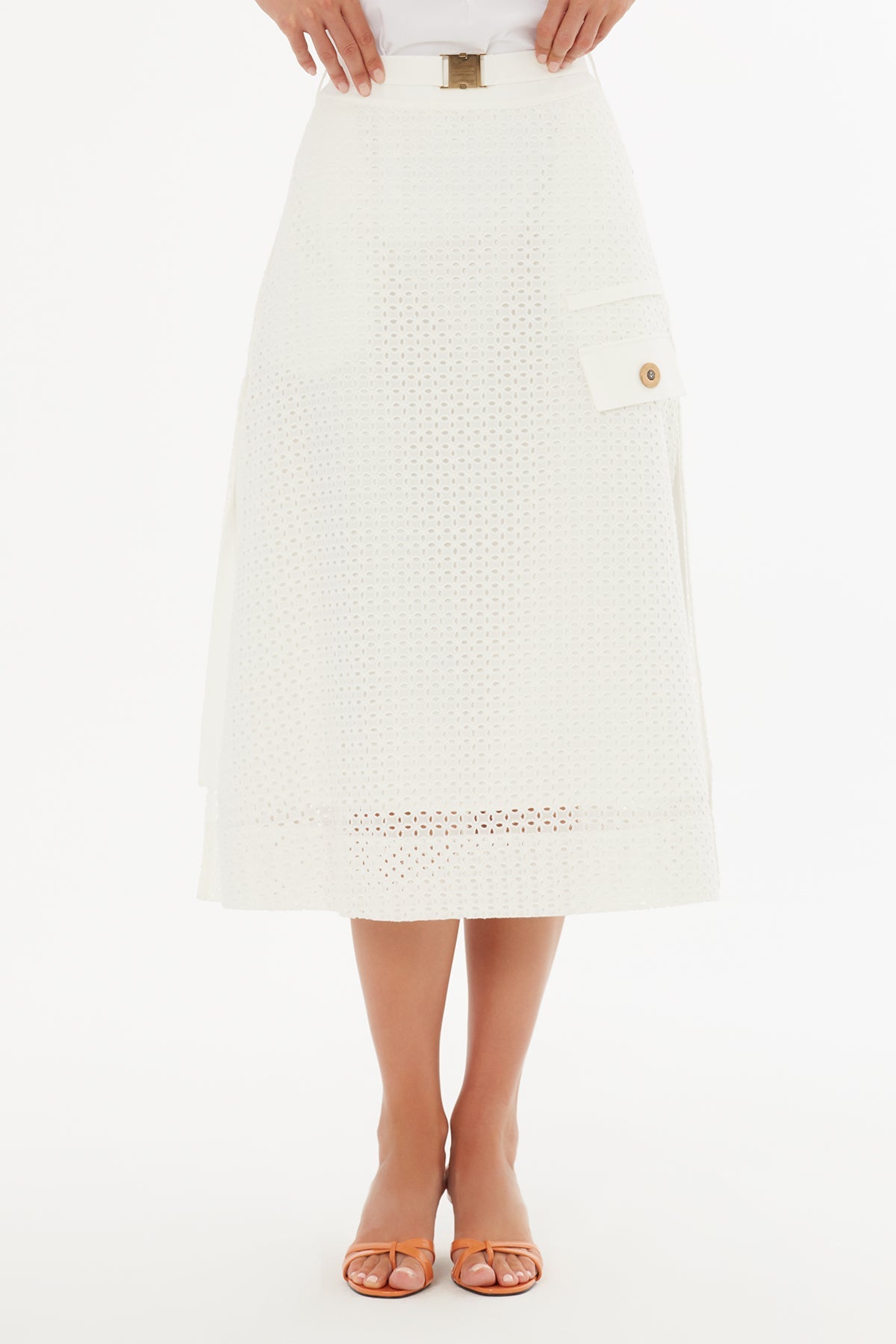Ecru Belted Side-Slit Midi Skirt