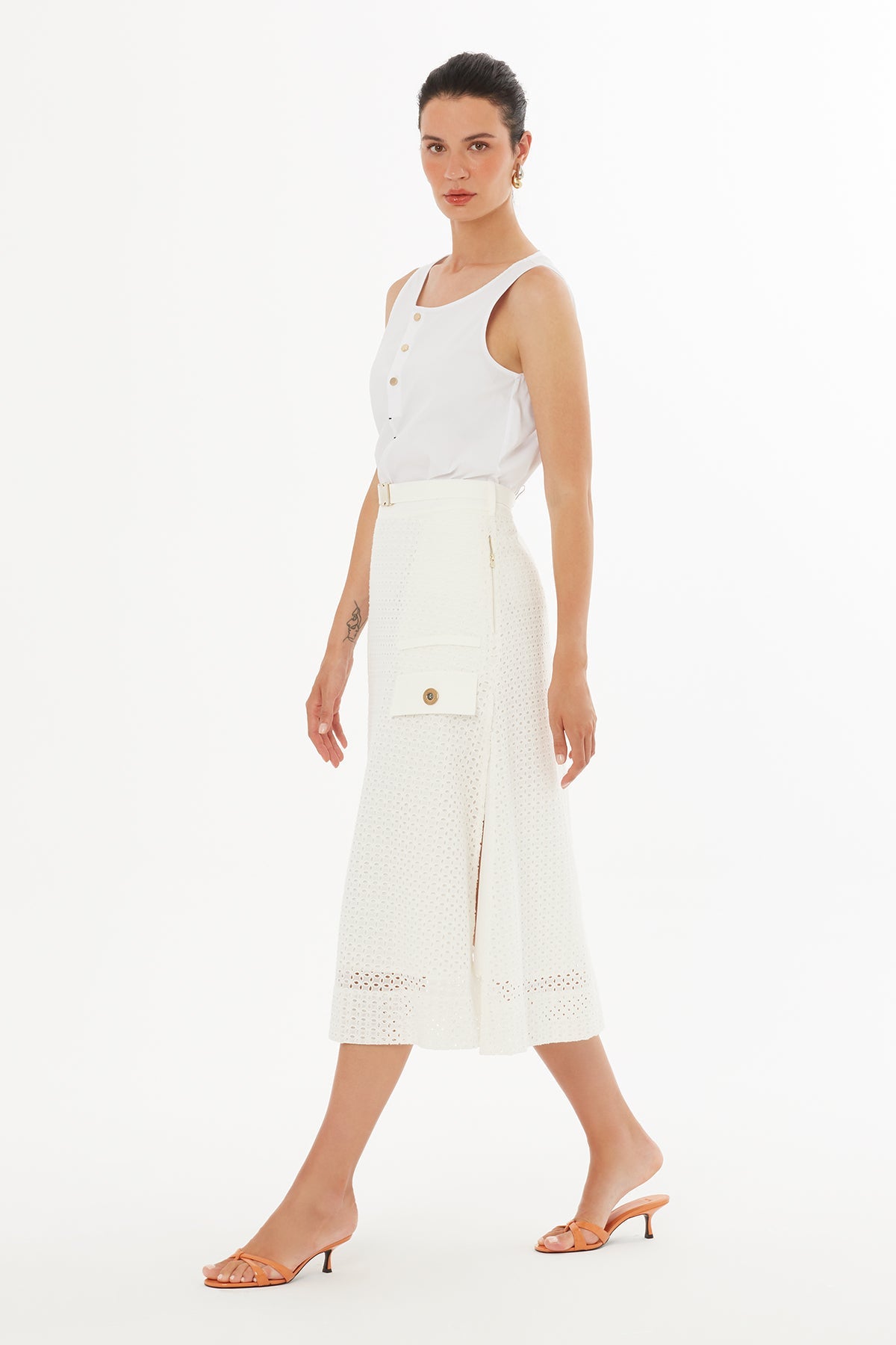 Ecru Belted Side-Slit Midi Skirt
