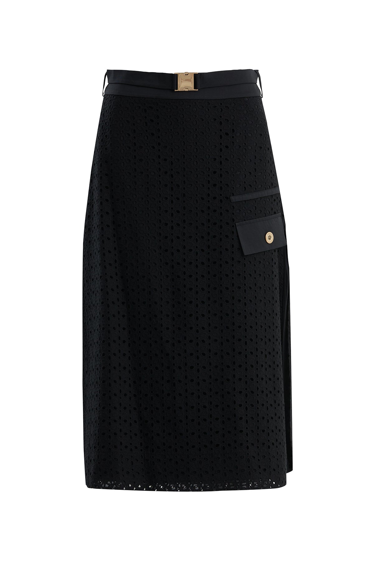 Black Belted Side-Slit Midi Skirt