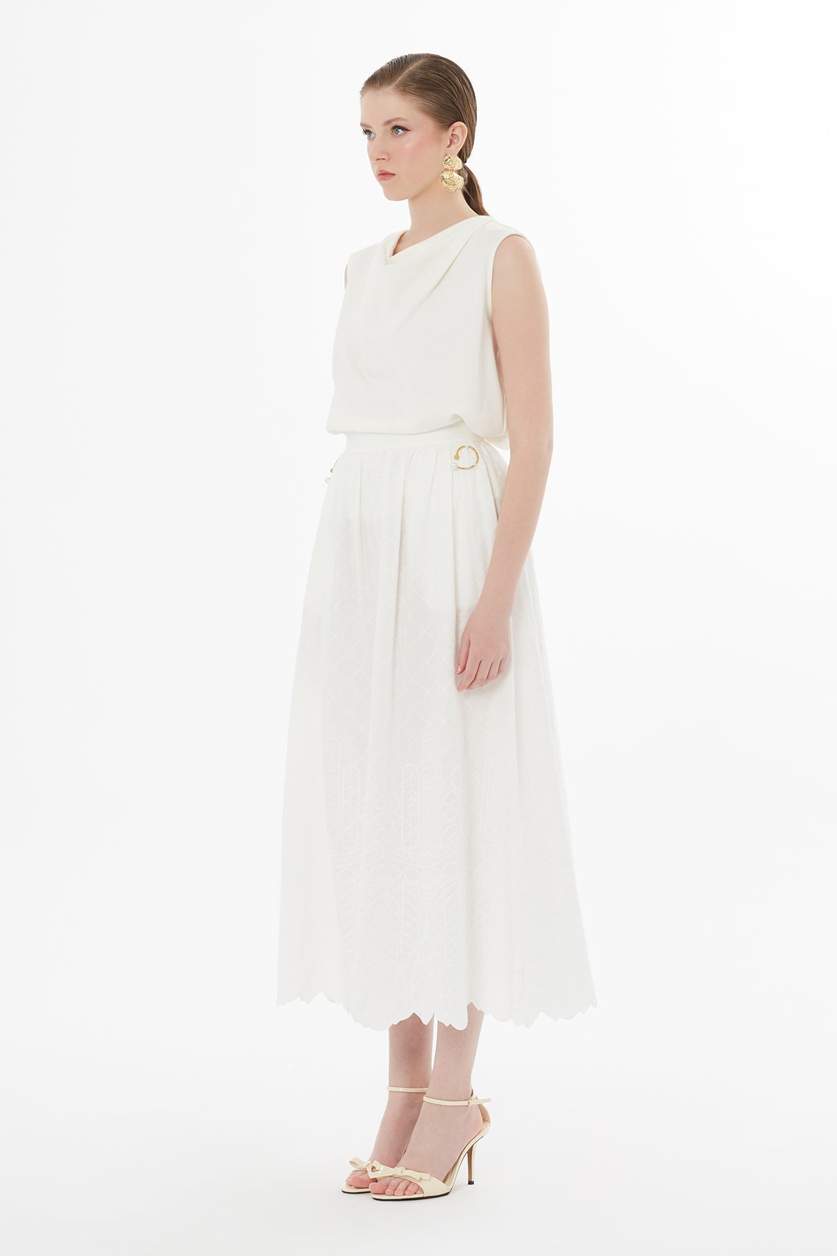 Ecru A-Line Midi Skirt N