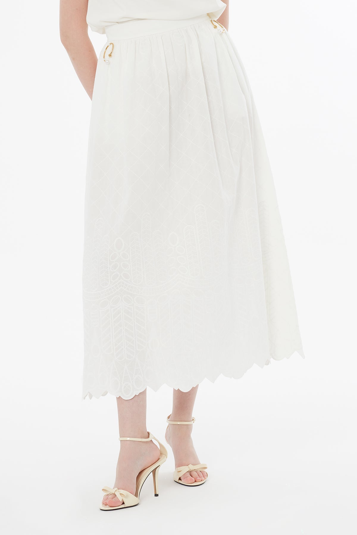 Ecru A-Line Midi Skirt N