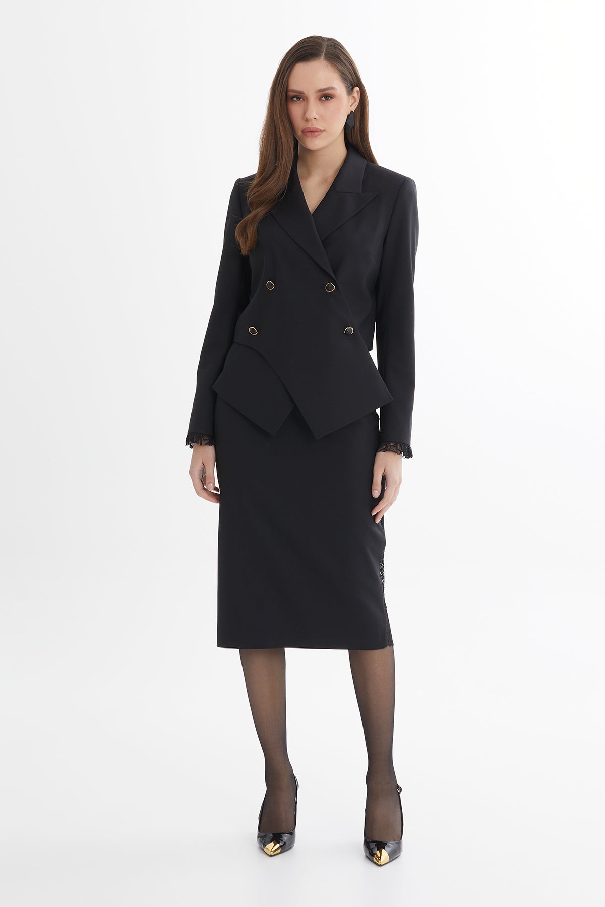 Black Wool-Blend Lace Detail Asymmetric Shoulder-Padded Blazer
