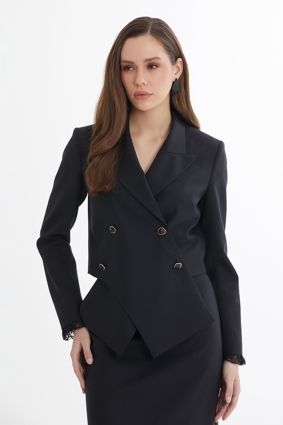 Black Wool-Blend Lace Detail Asymmetric Shoulder-Padded Blazer