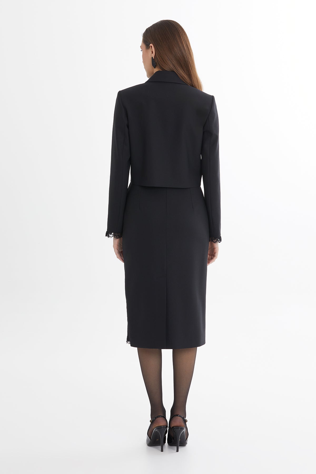 Black Wool-Blend Lace Detail Asymmetric Shoulder-Padded Blazer