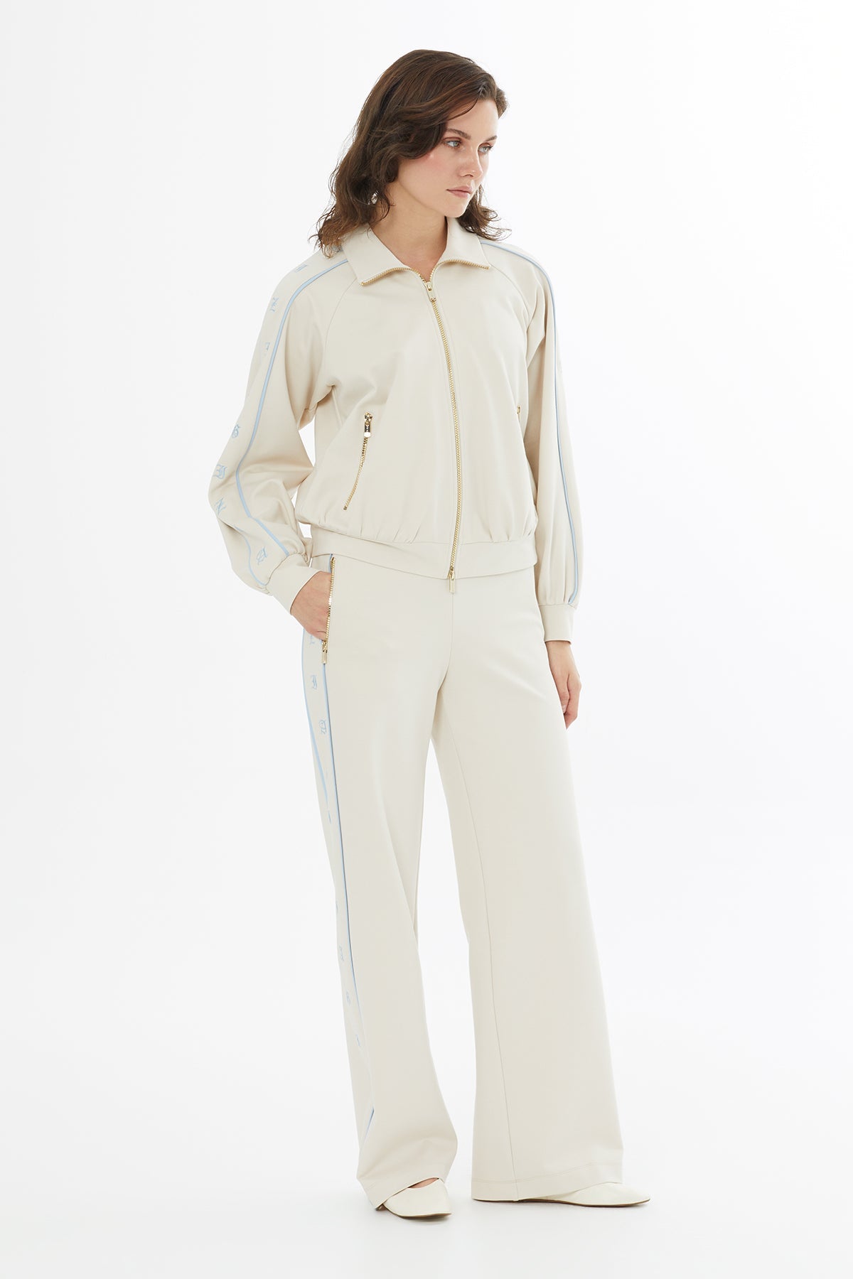 Beige Embroidered Sleeve Sweatshirt