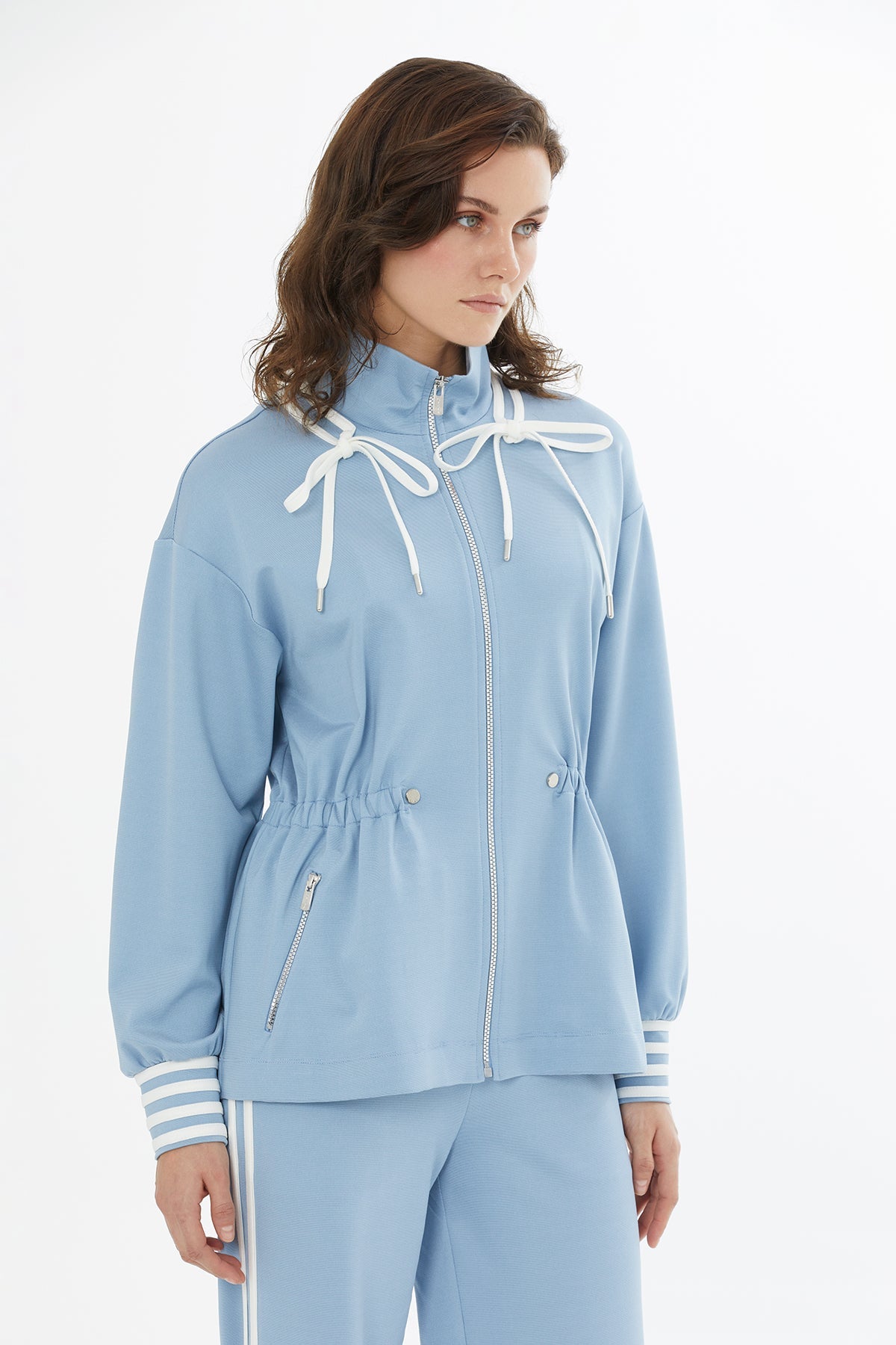 Blue Gathered Waist Zip Jacket