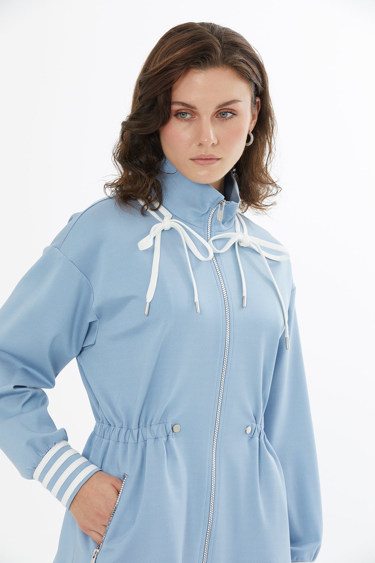 Blue Gathered Waist Zip Jacket