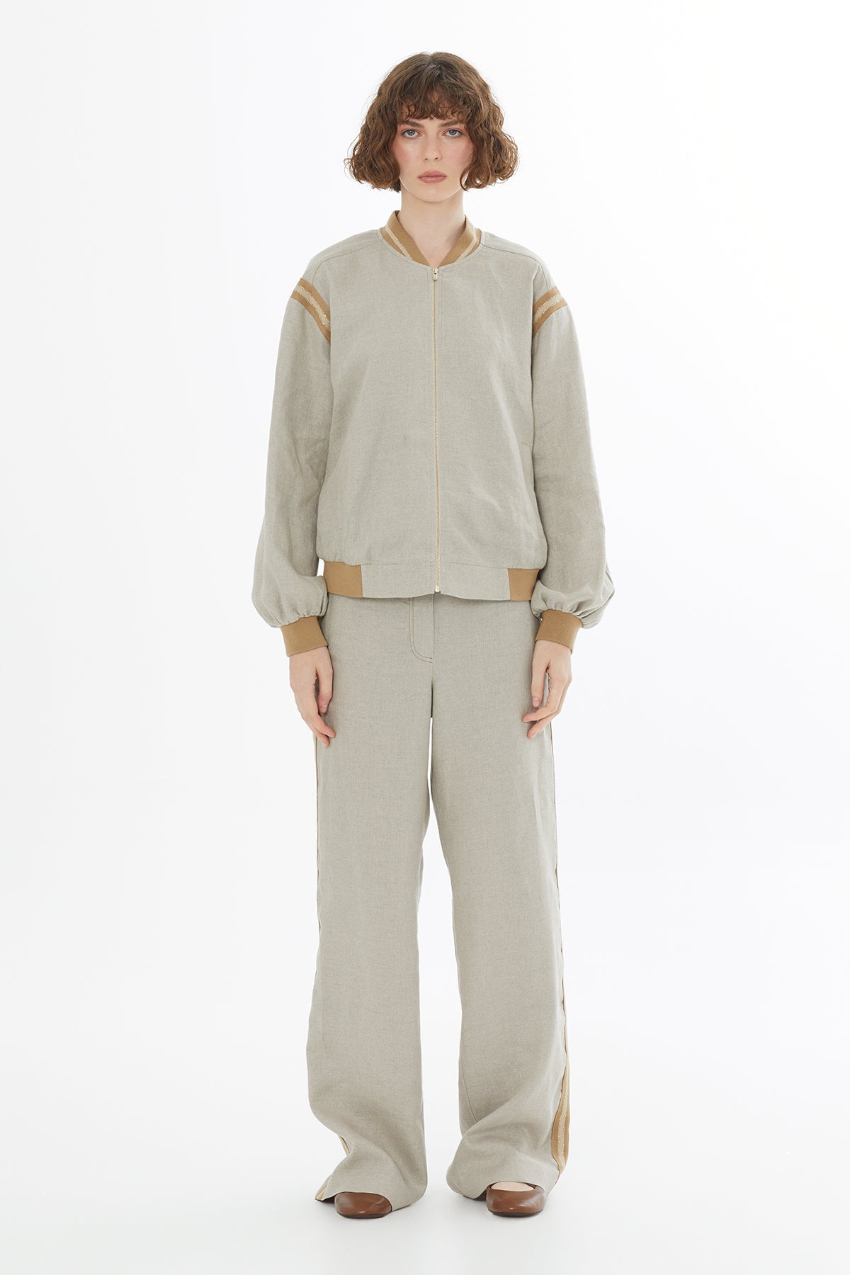 Beige Zip-Front Linen Jacket