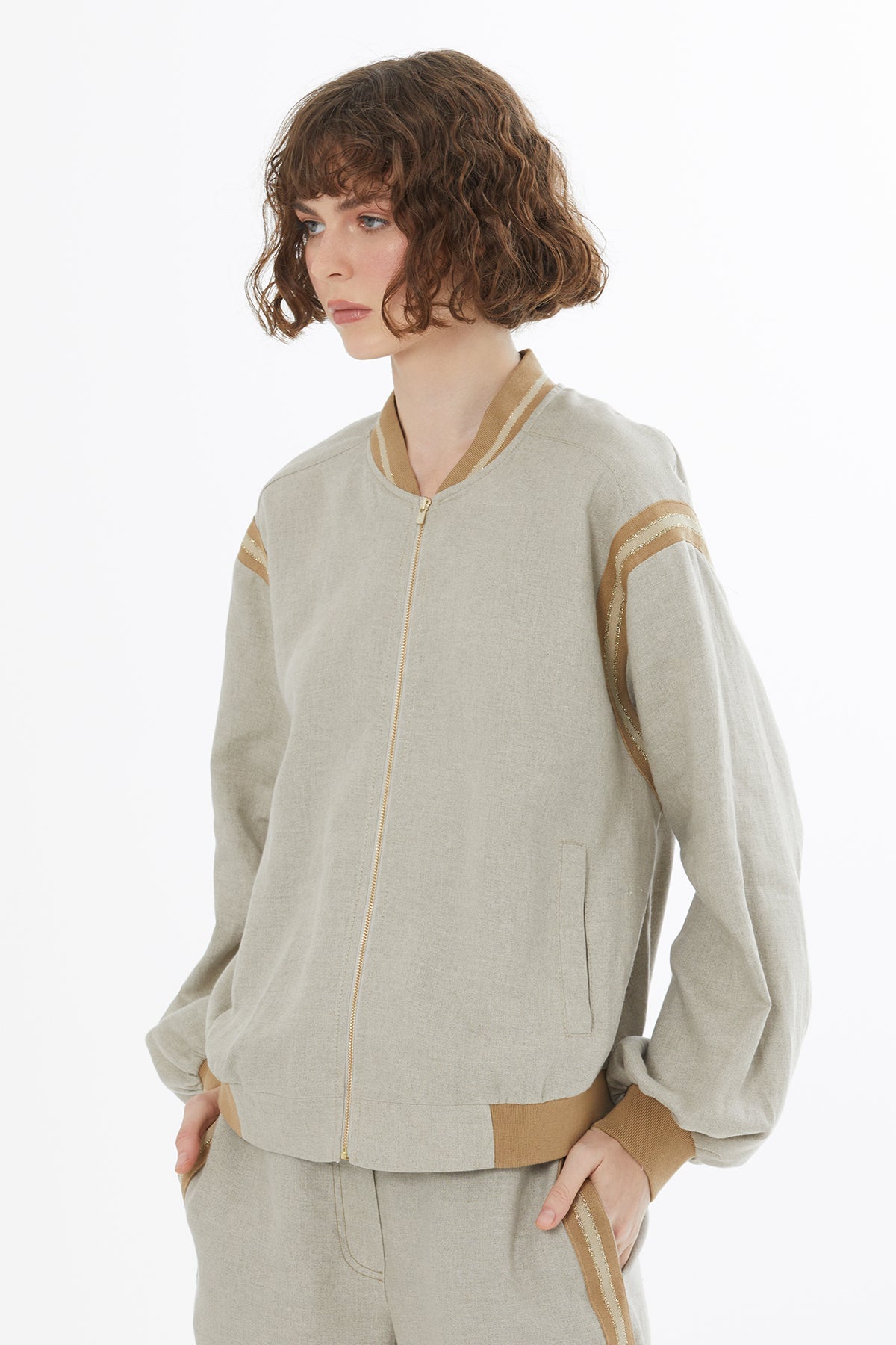 Beige Zip-Front Linen Jacket