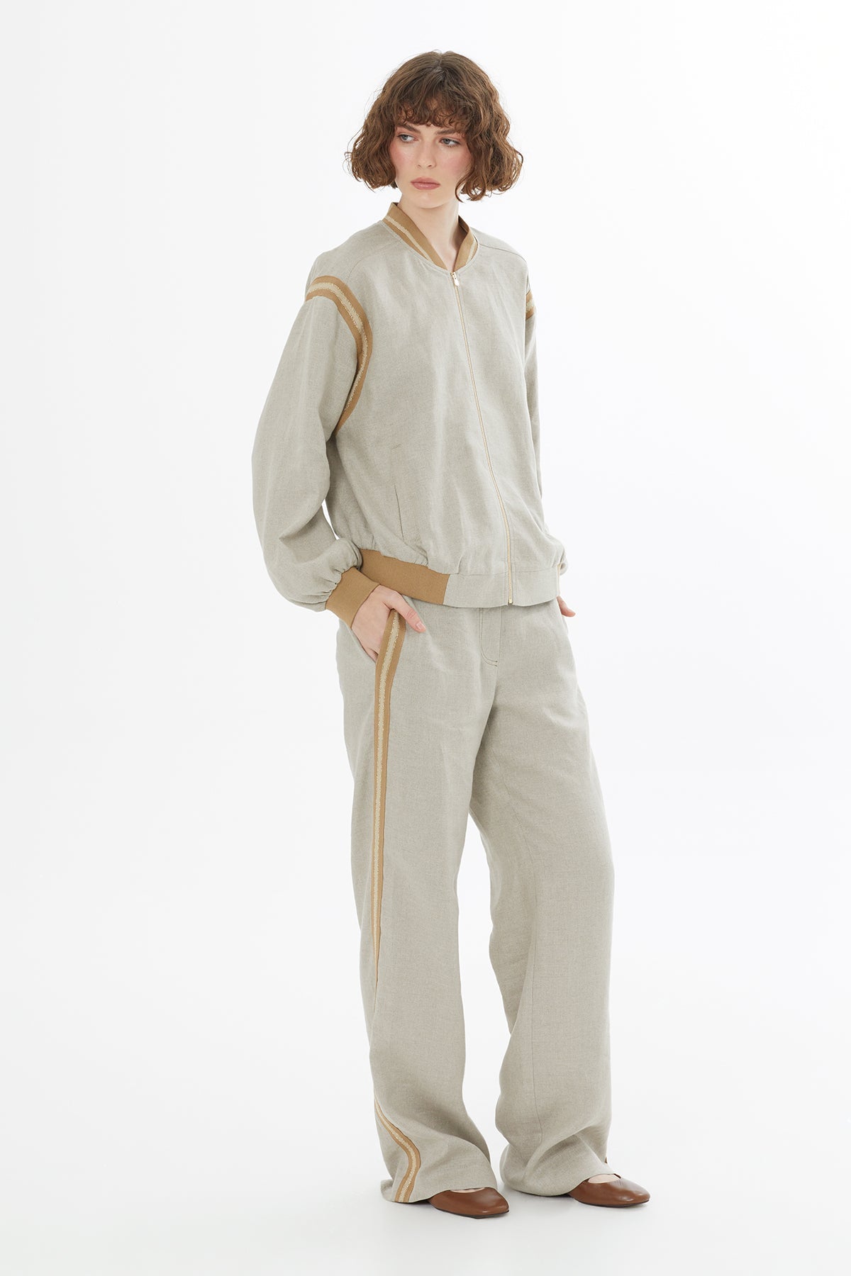Beige Zip-Front Linen Jacket