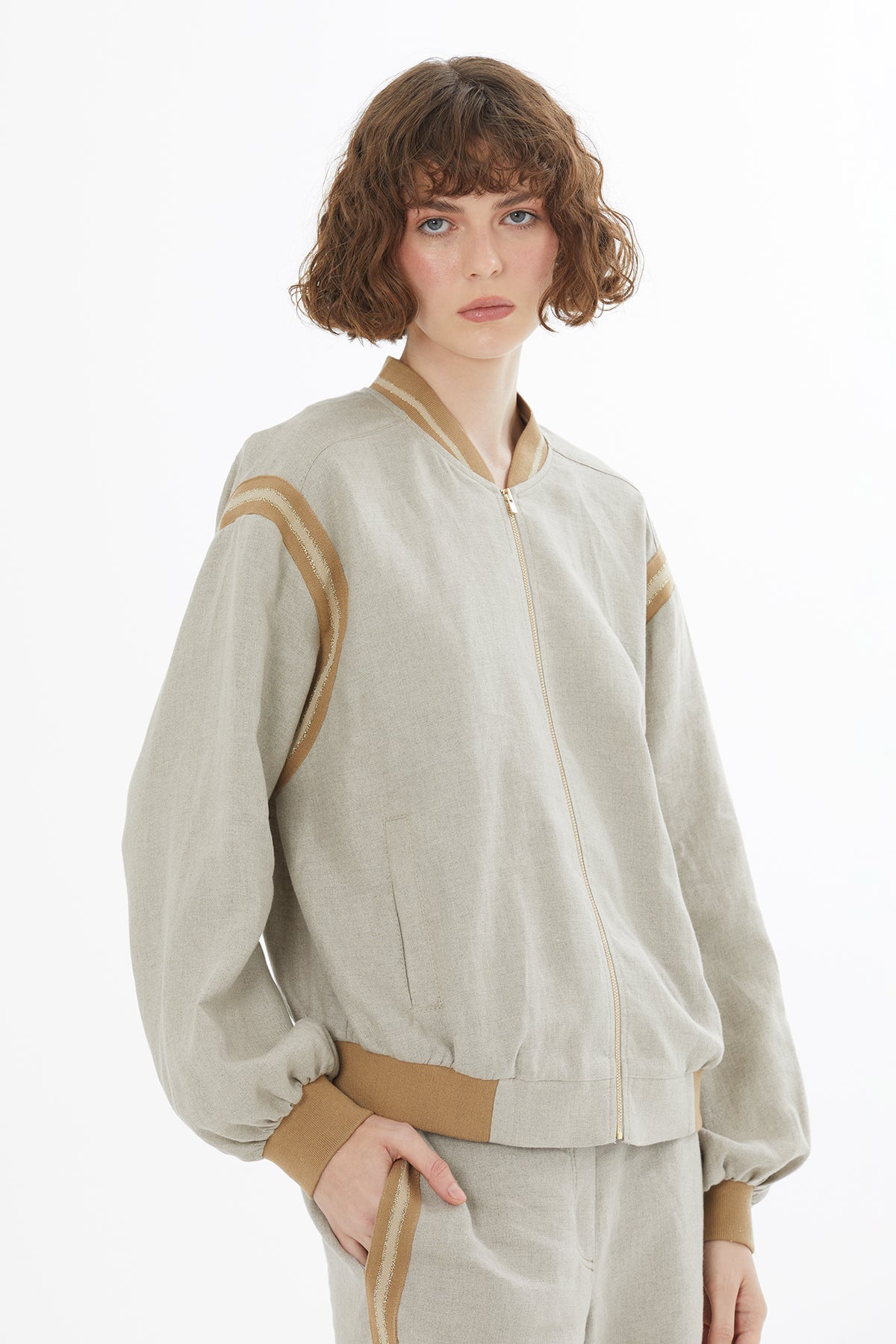 Beige Zip-Front Linen Jacket