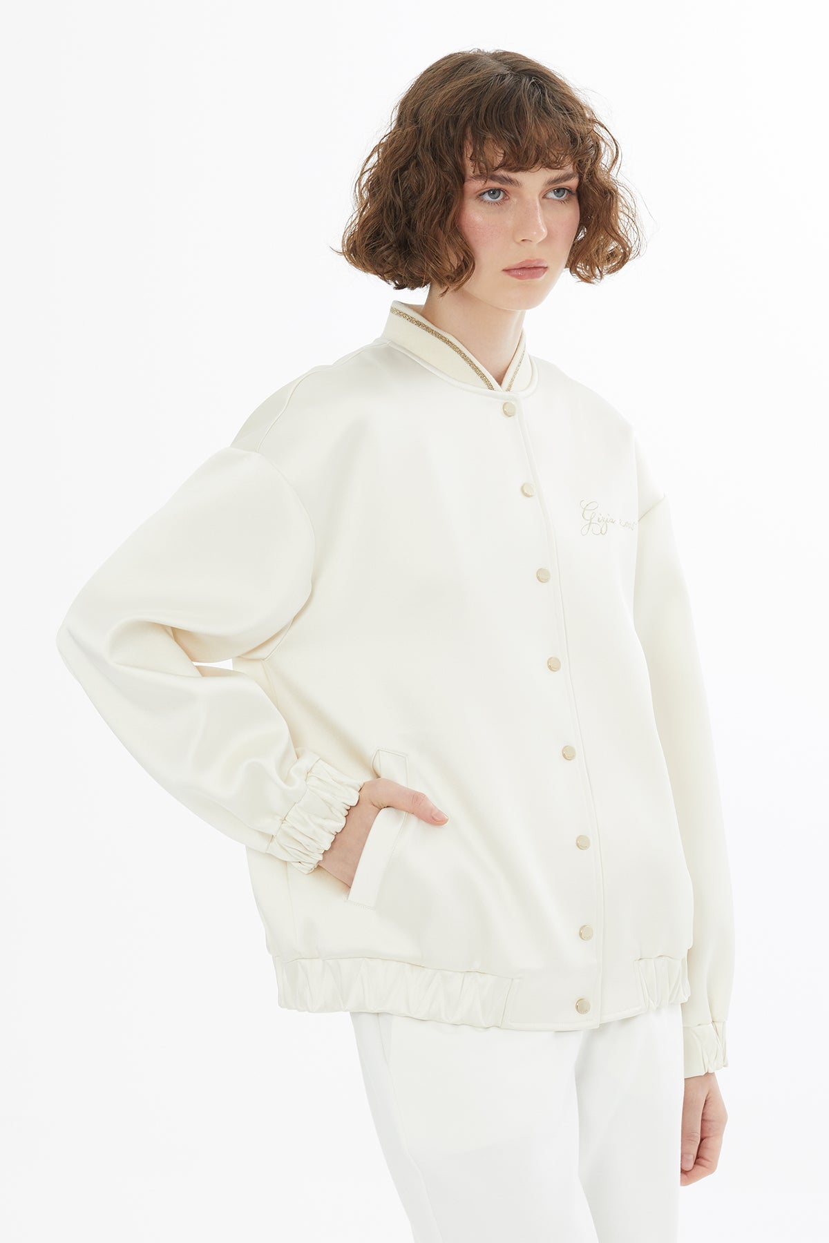 Ecru Embroidered Satin Bomber Jacket