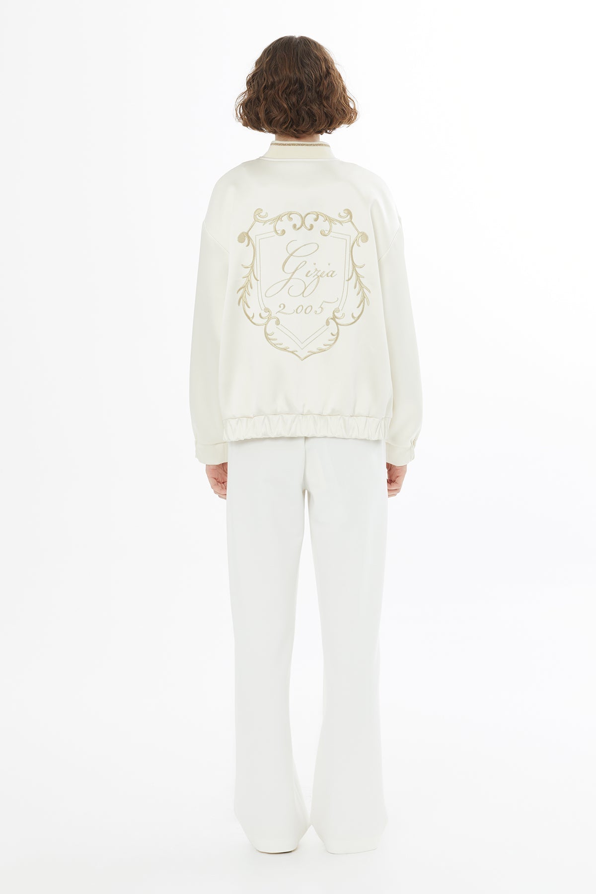 Ecru Embroidered Satin Bomber Jacket