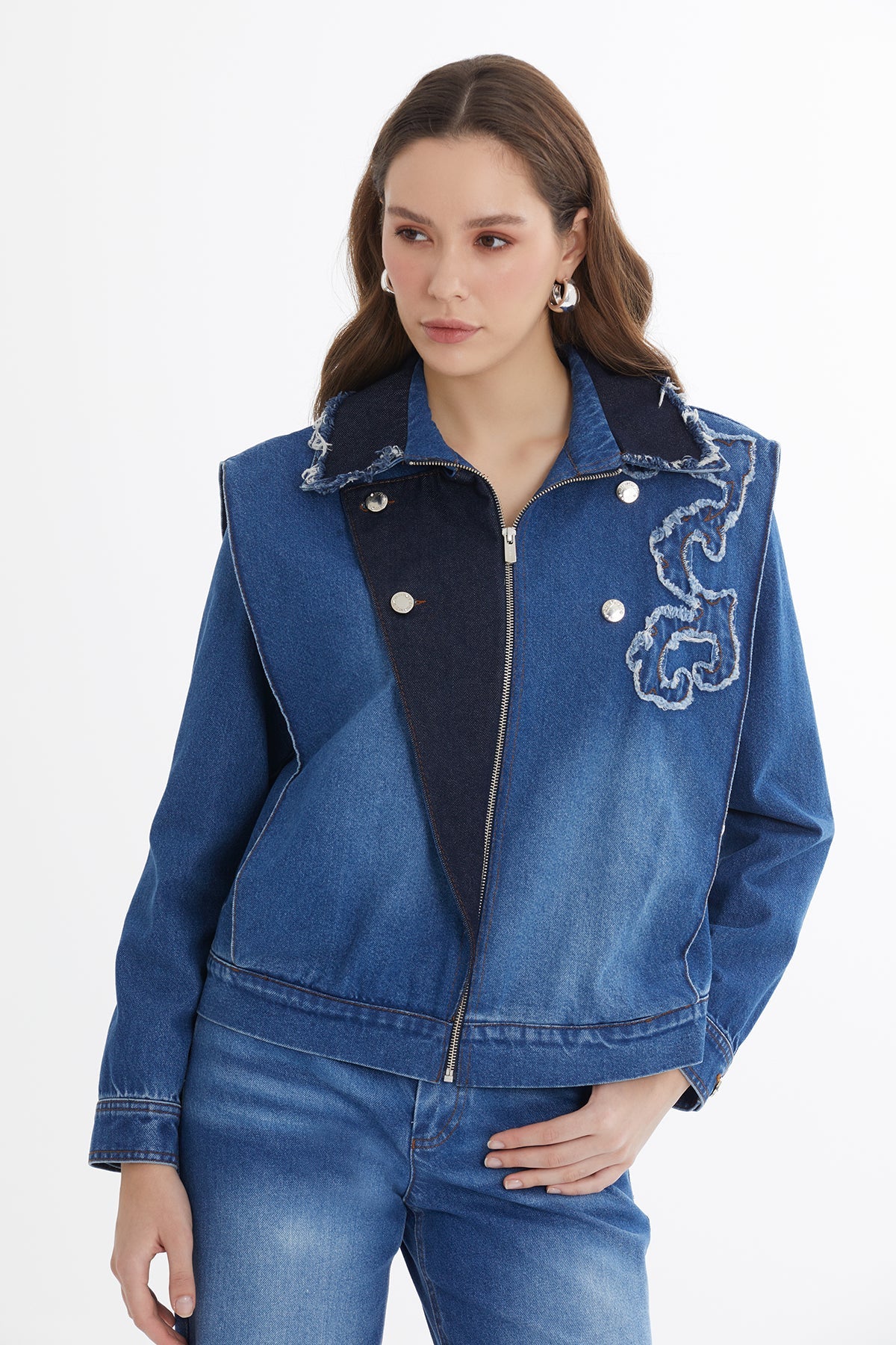 Blue Asymmetric Embroidered Denim Jacket