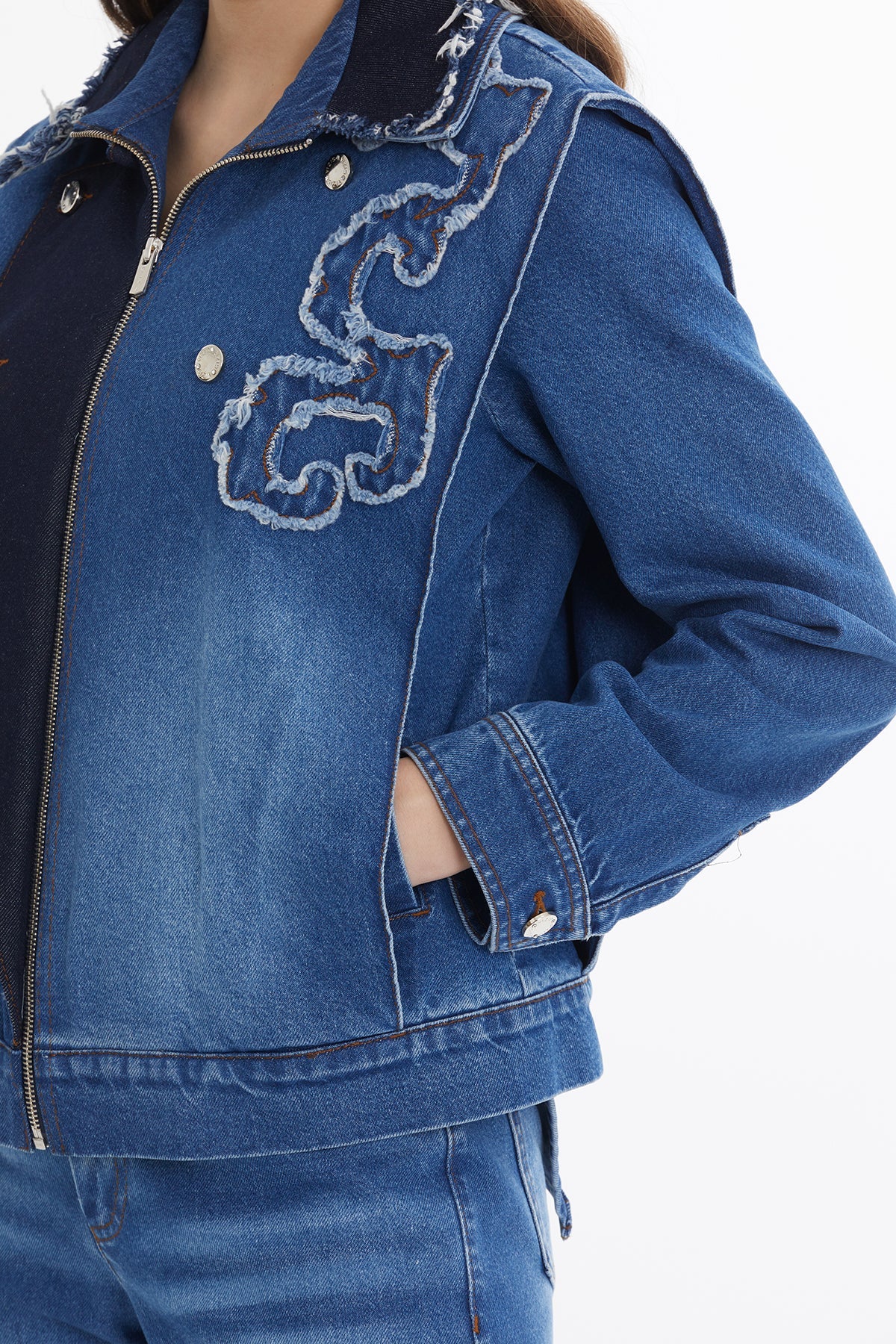 Blue Asymmetric Embroidered Denim Jacket