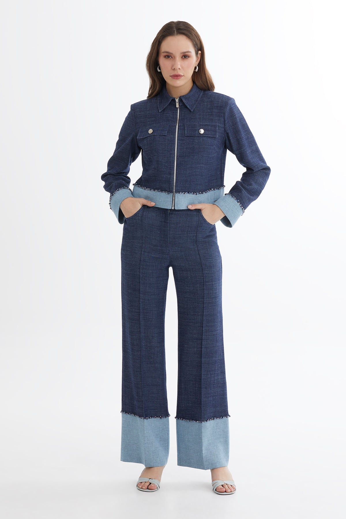 Blue Embroidered Zip Linen Jacket