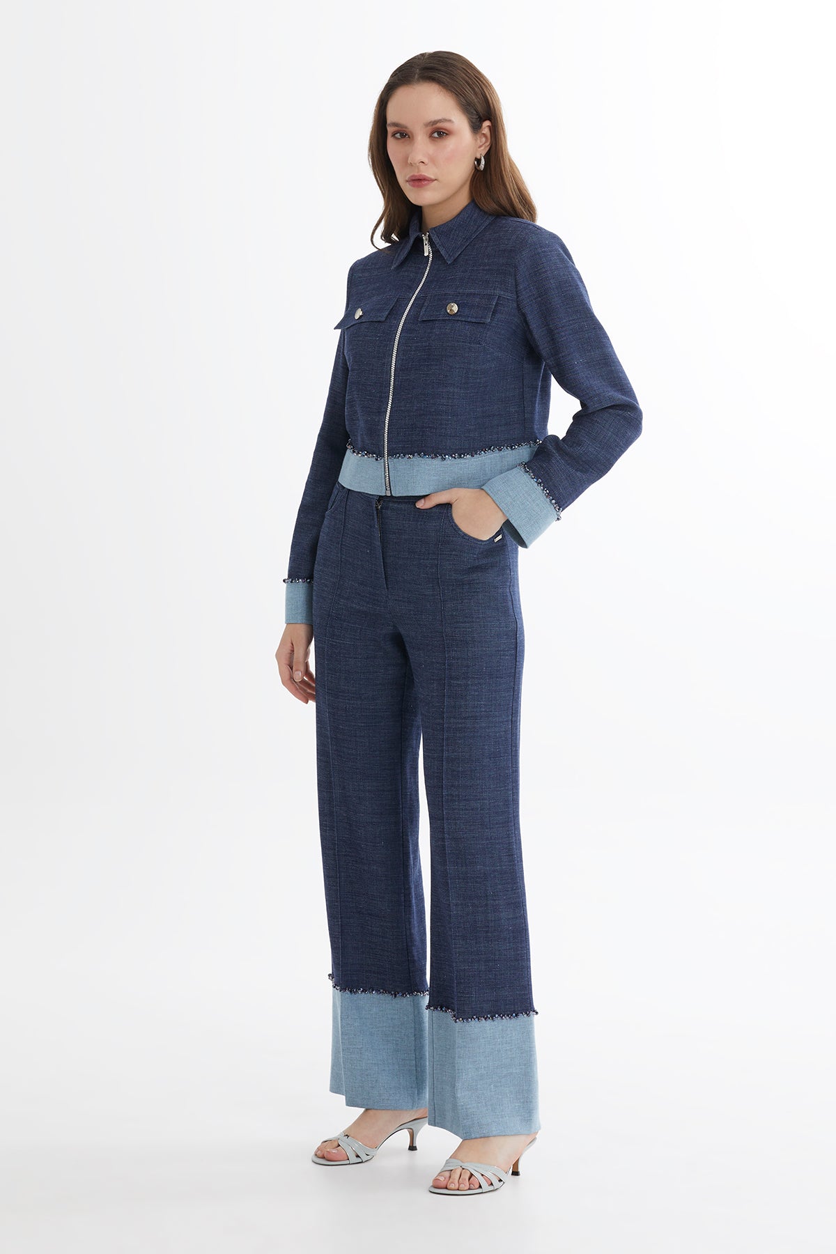 Blue Embroidered Zip Linen Jacket
