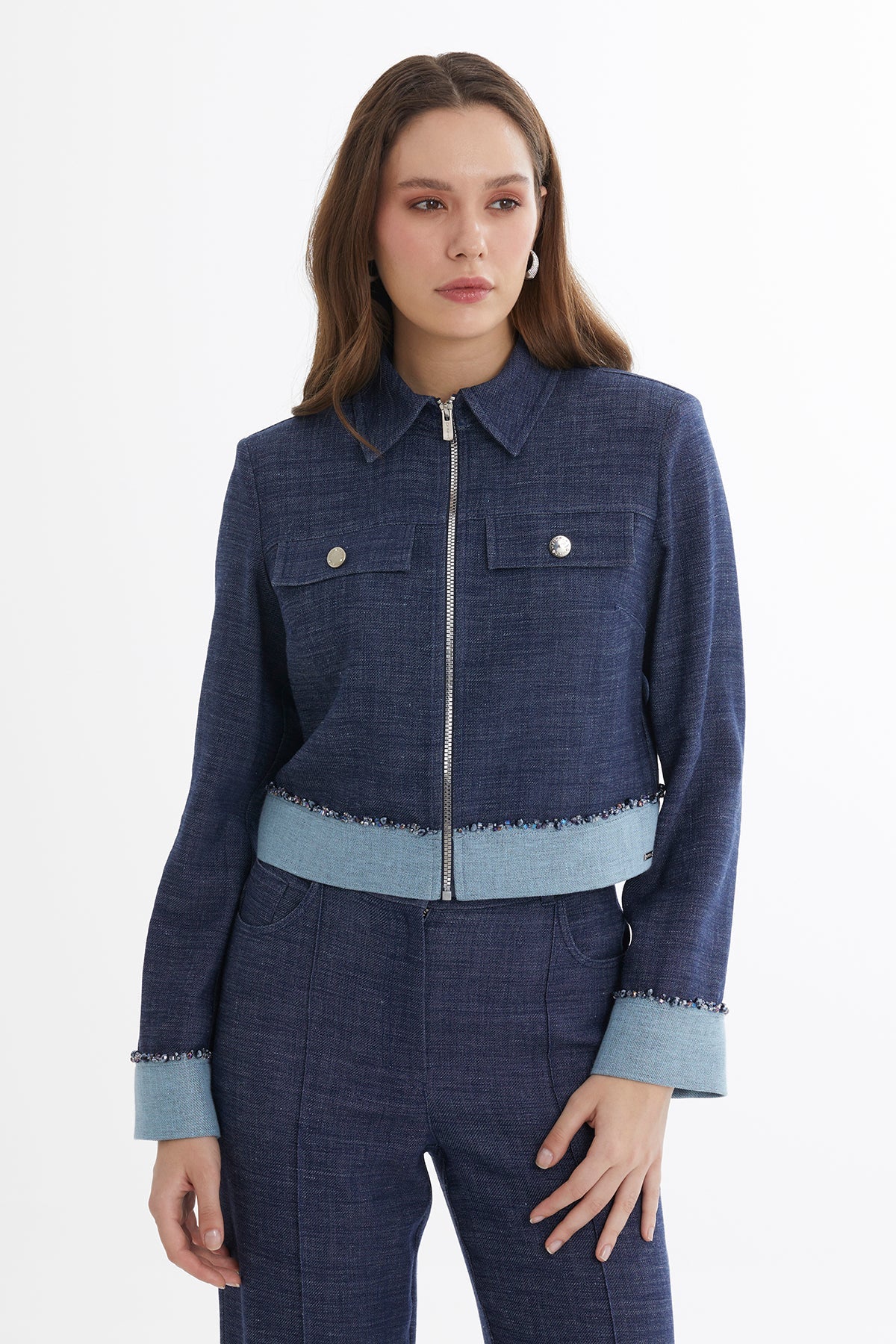 Blue Embroidered Zip Linen Jacket