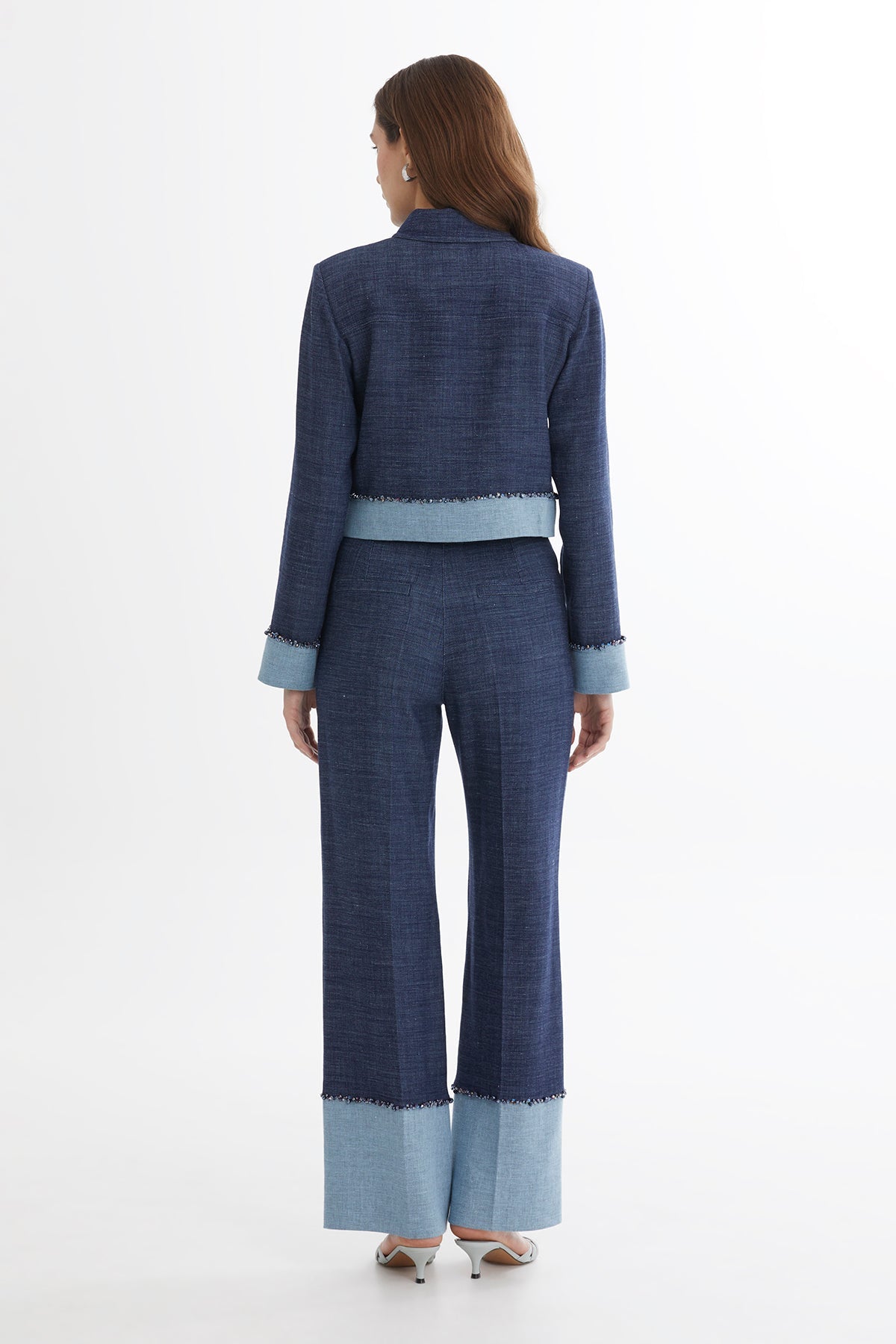 Blue Embroidered Zip Linen Jacket