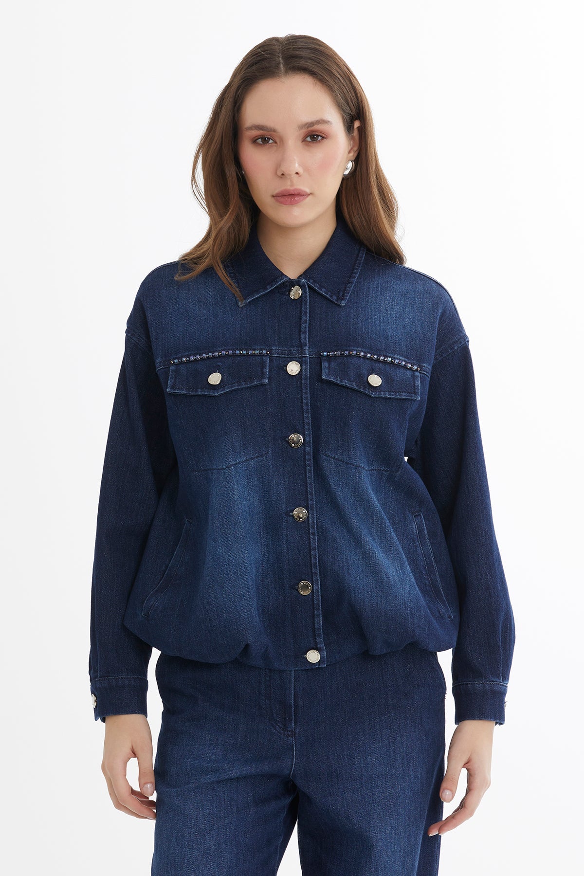 Blue Embroidered Buttoned Denim Jacket