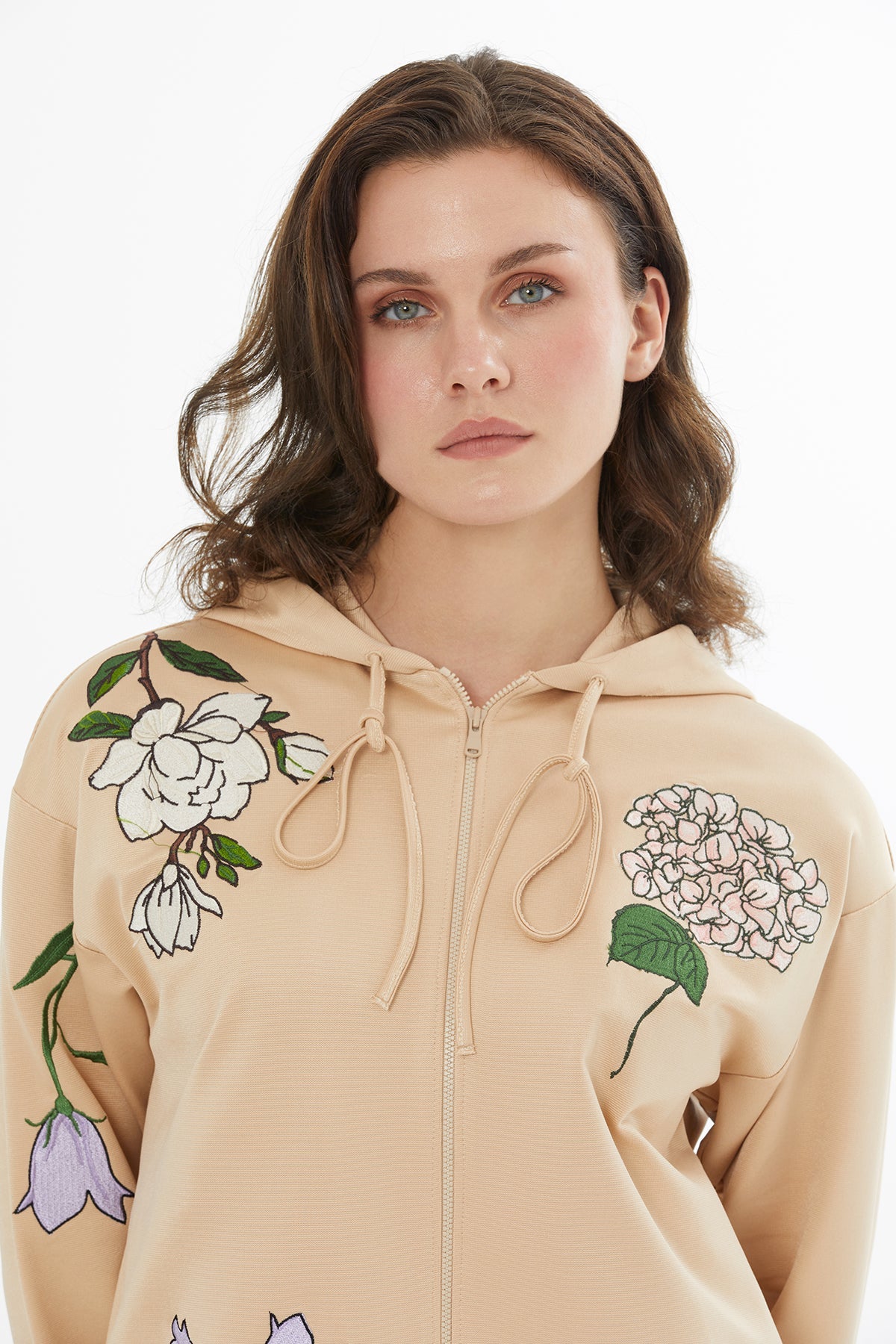 Beige Embroidered Drawstring Sweat