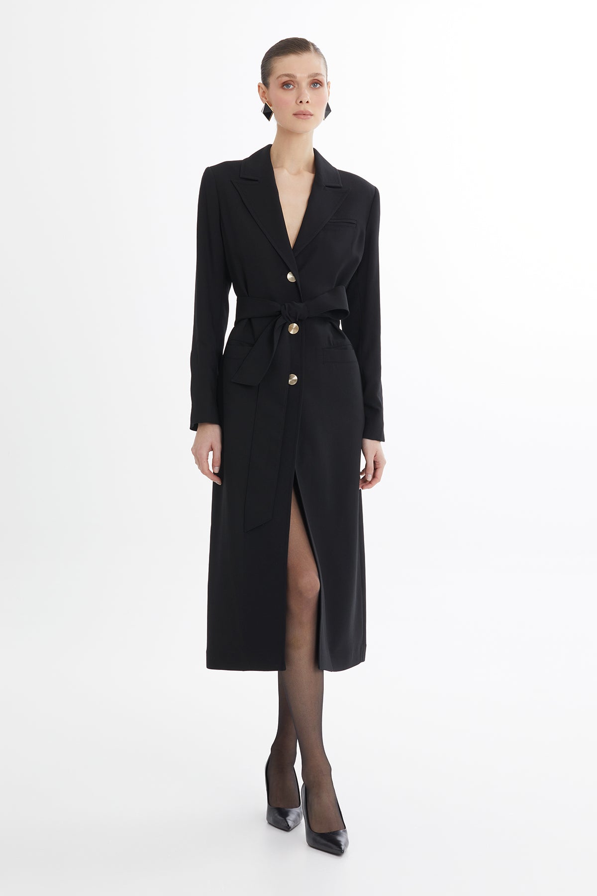 Black Belted Wool-Linen Jacket