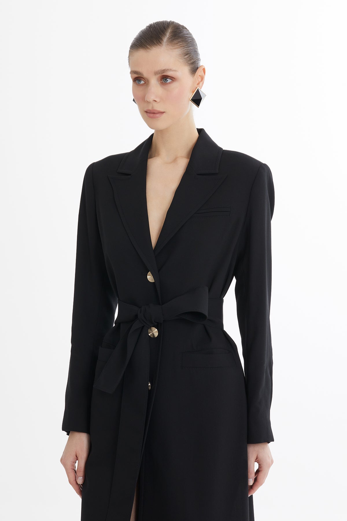 Black Belted Wool-Linen Jacket
