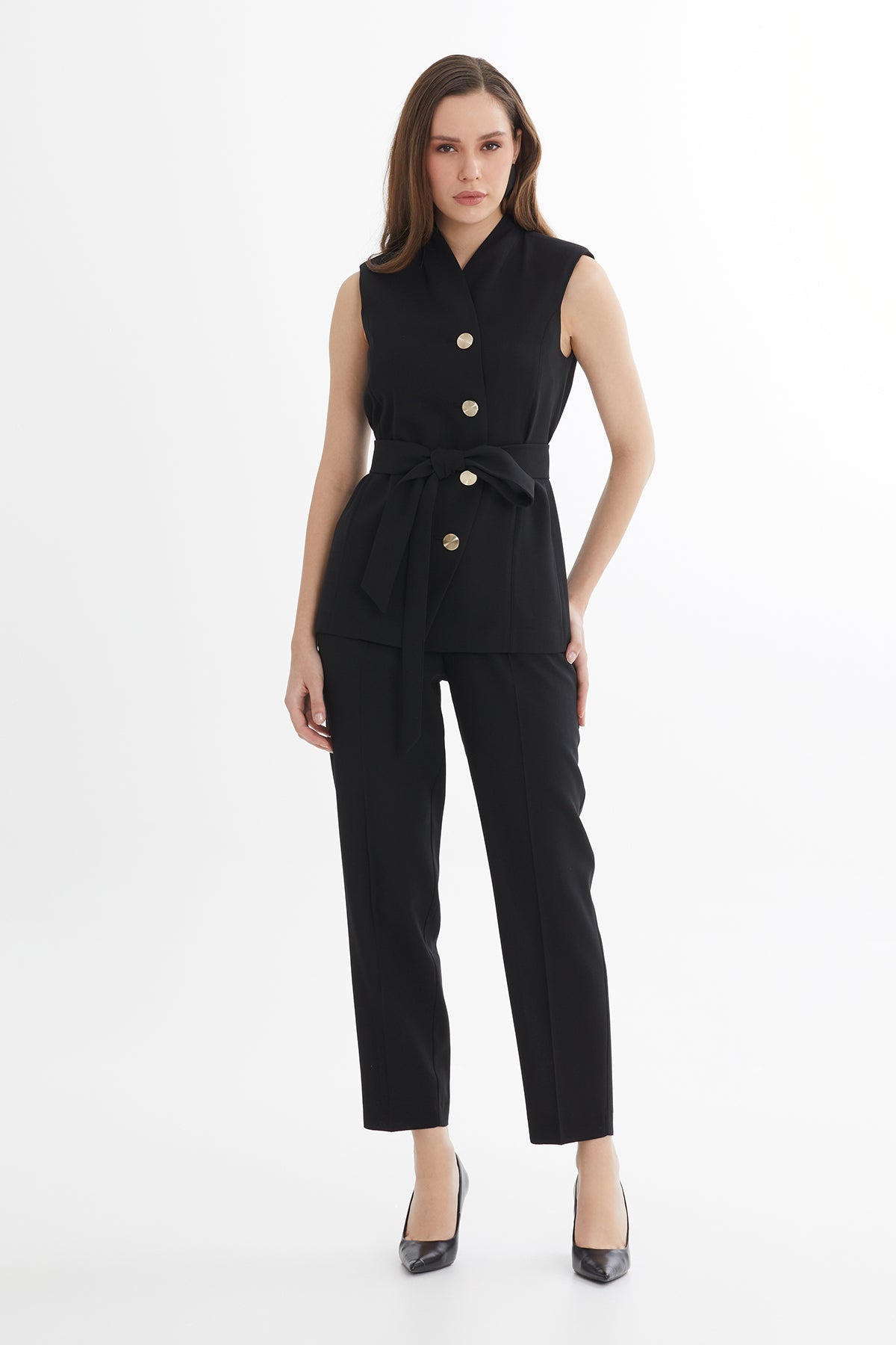 Black Tie Detail Wool-Linen Vest