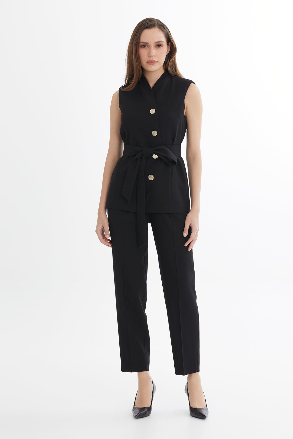 Black Tie Detail Wool-Linen Vest