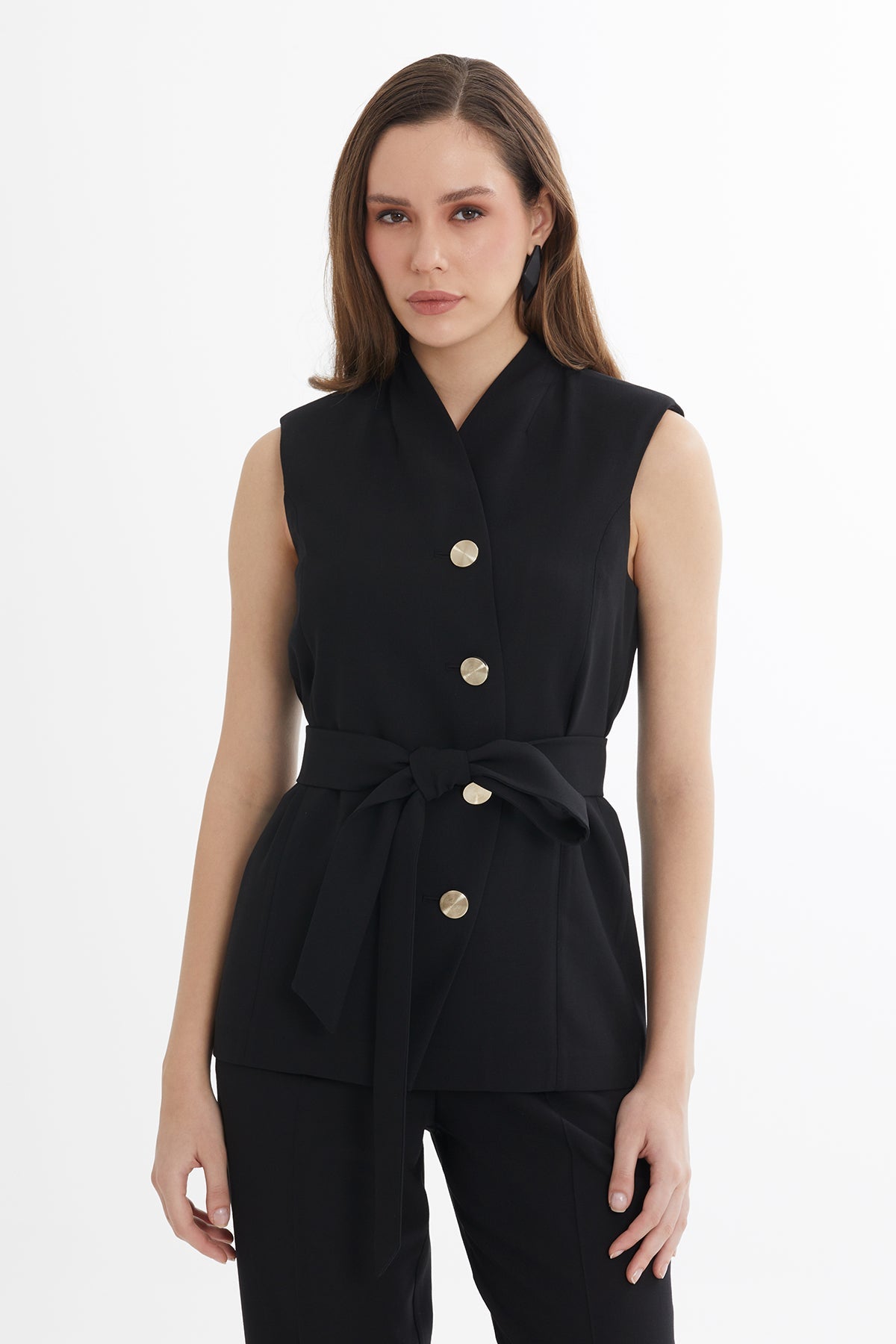 Black Tie Detail Wool-Linen Vest