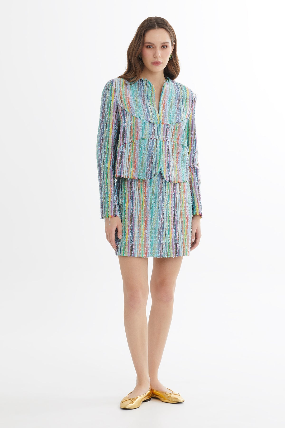 Blue Shoulder-Padded Hook-Closure Textured Blazer