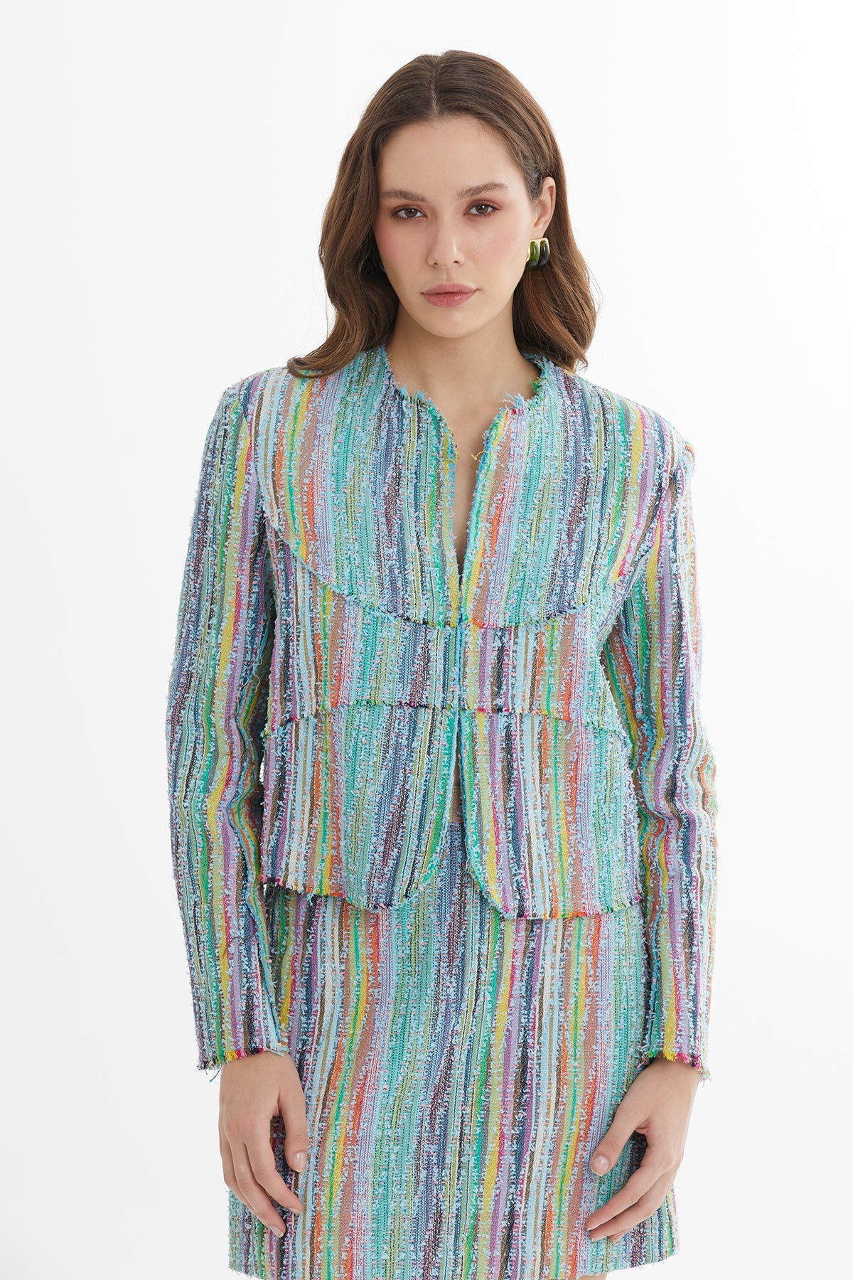 Blue Shoulder-Padded Hook-Closure Textured Blazer