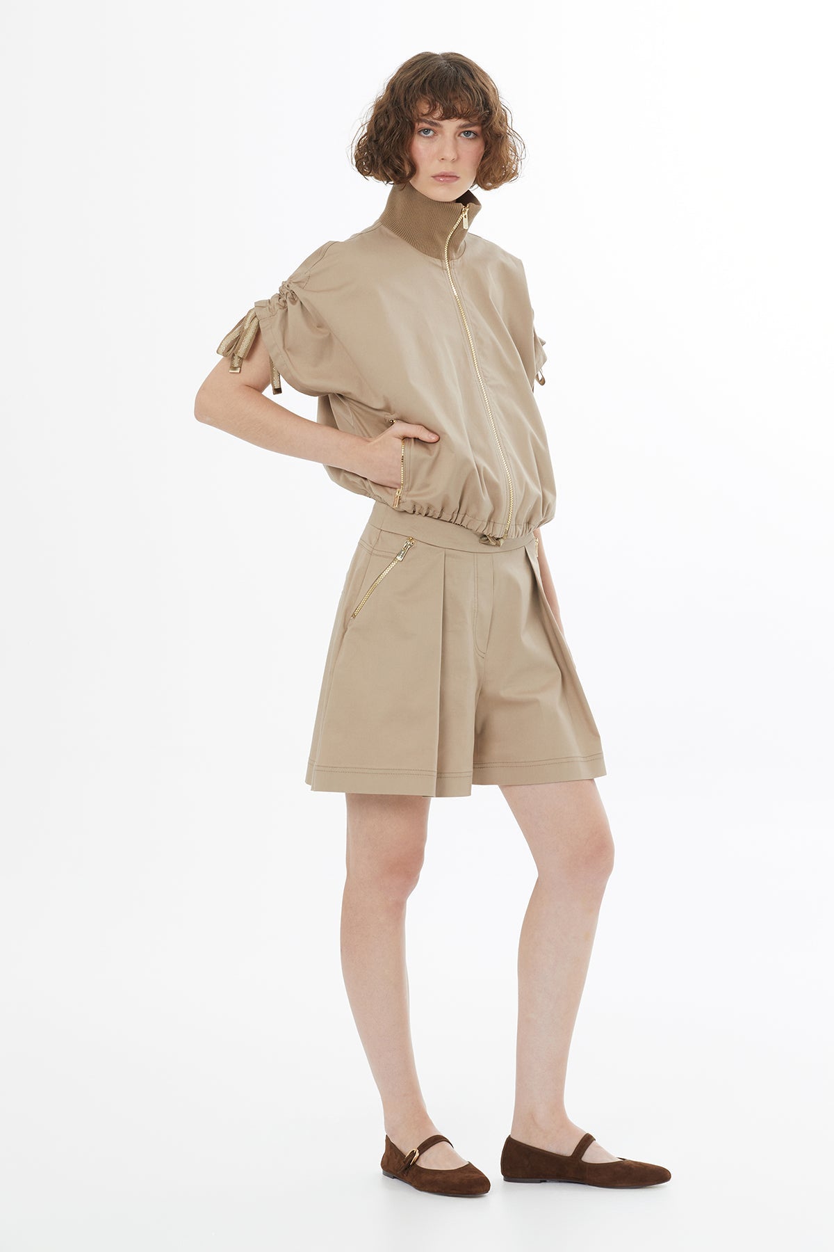 Beige Striped Knit Trim Ruched Blazer