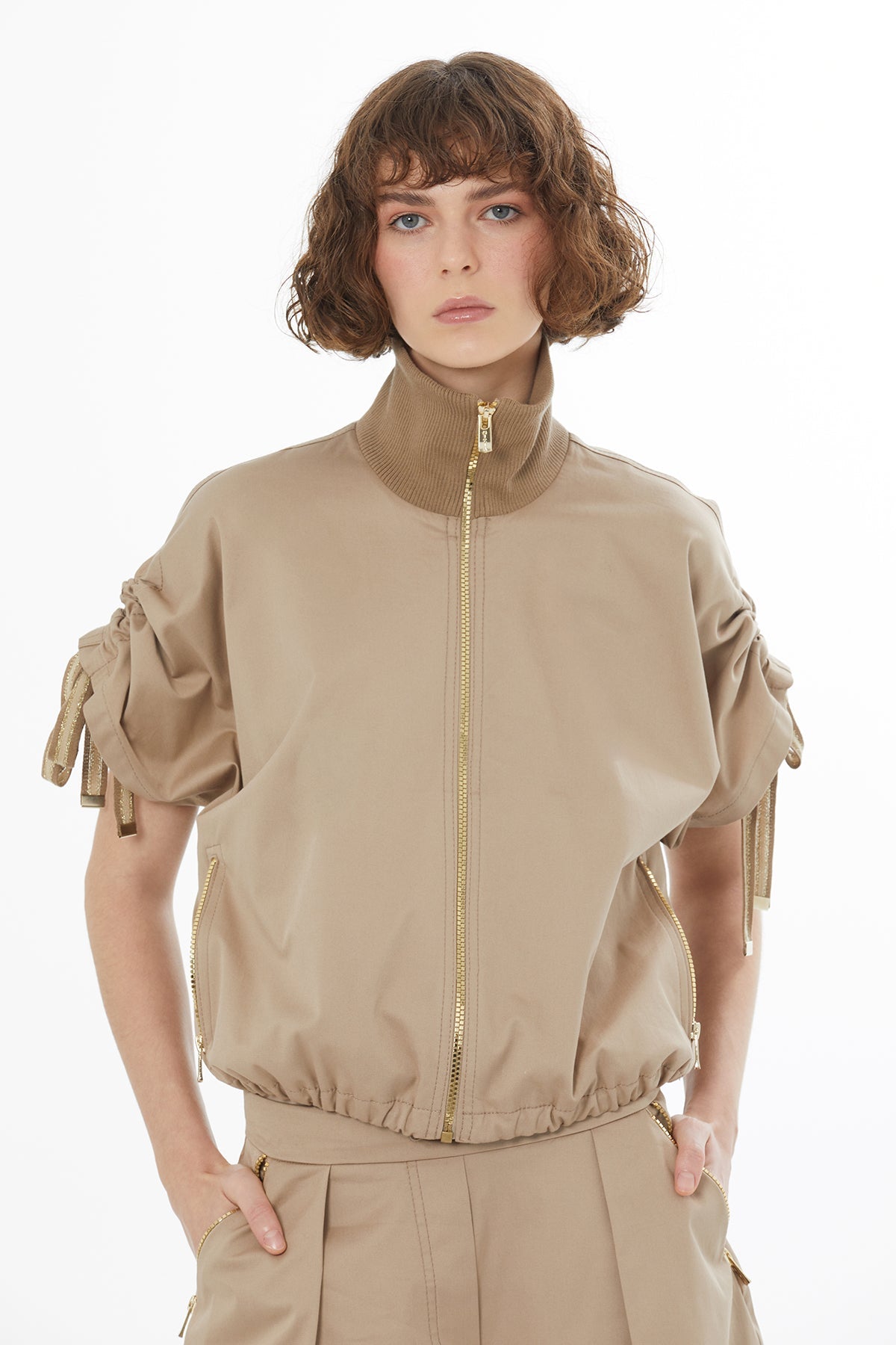 Beige Striped Knit Trim Ruched Blazer