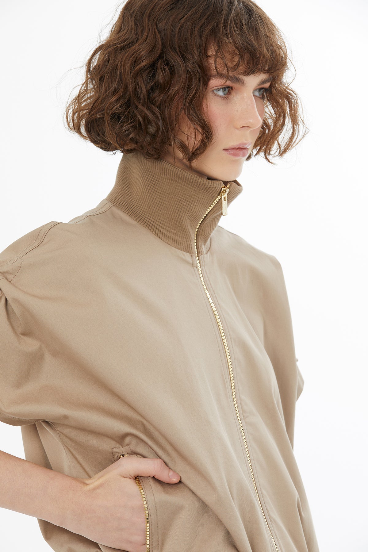 Beige Striped Knit Trim Ruched Blazer