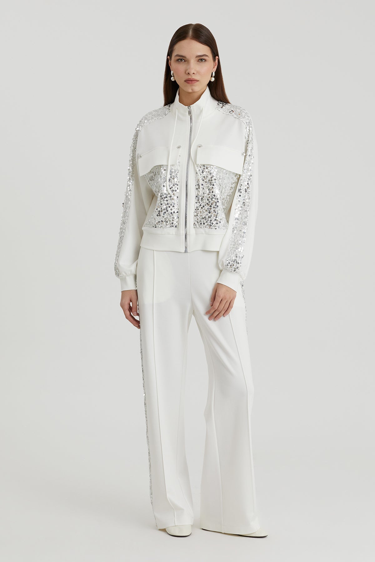 Ecru Sequin Embroidered Sweatshirt