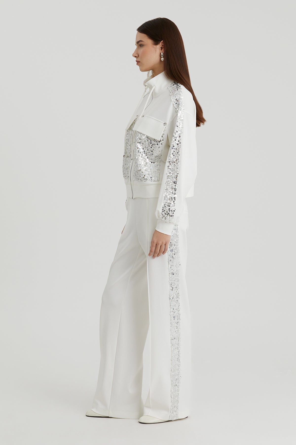 Ecru Sequin Embroidered Sweatshirt