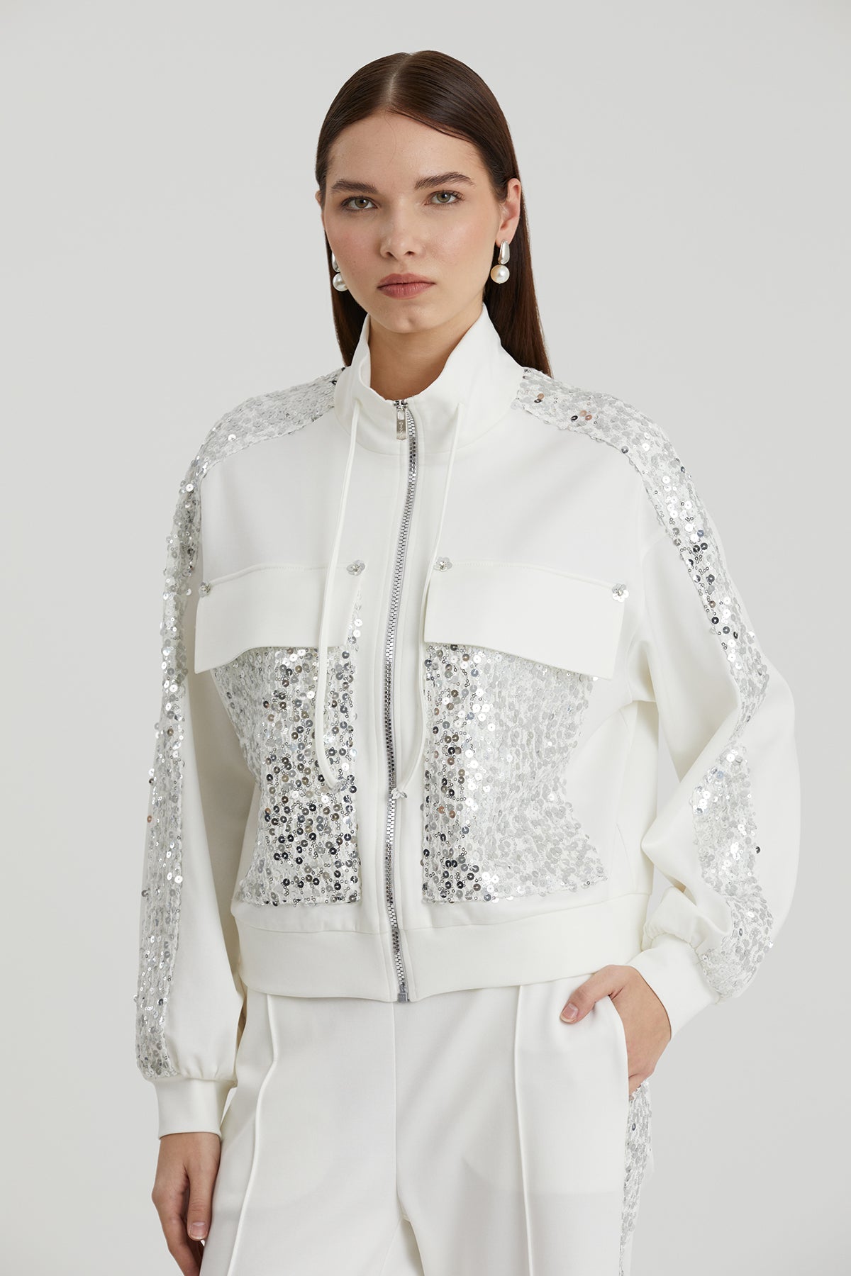 Ecru Sequin Embroidered Sweatshirt
