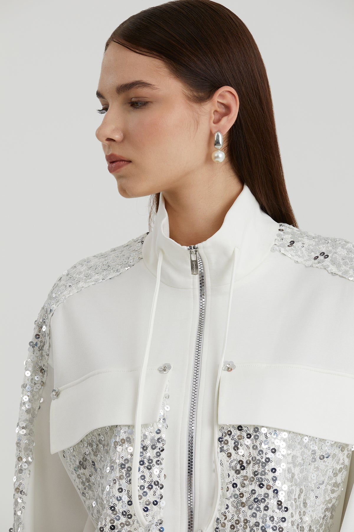 Ecru Sequin Embroidered Sweatshirt