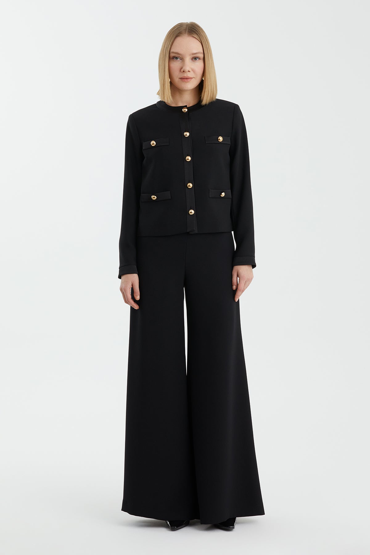 Black Shoulder-Padded Metal Button Blazer