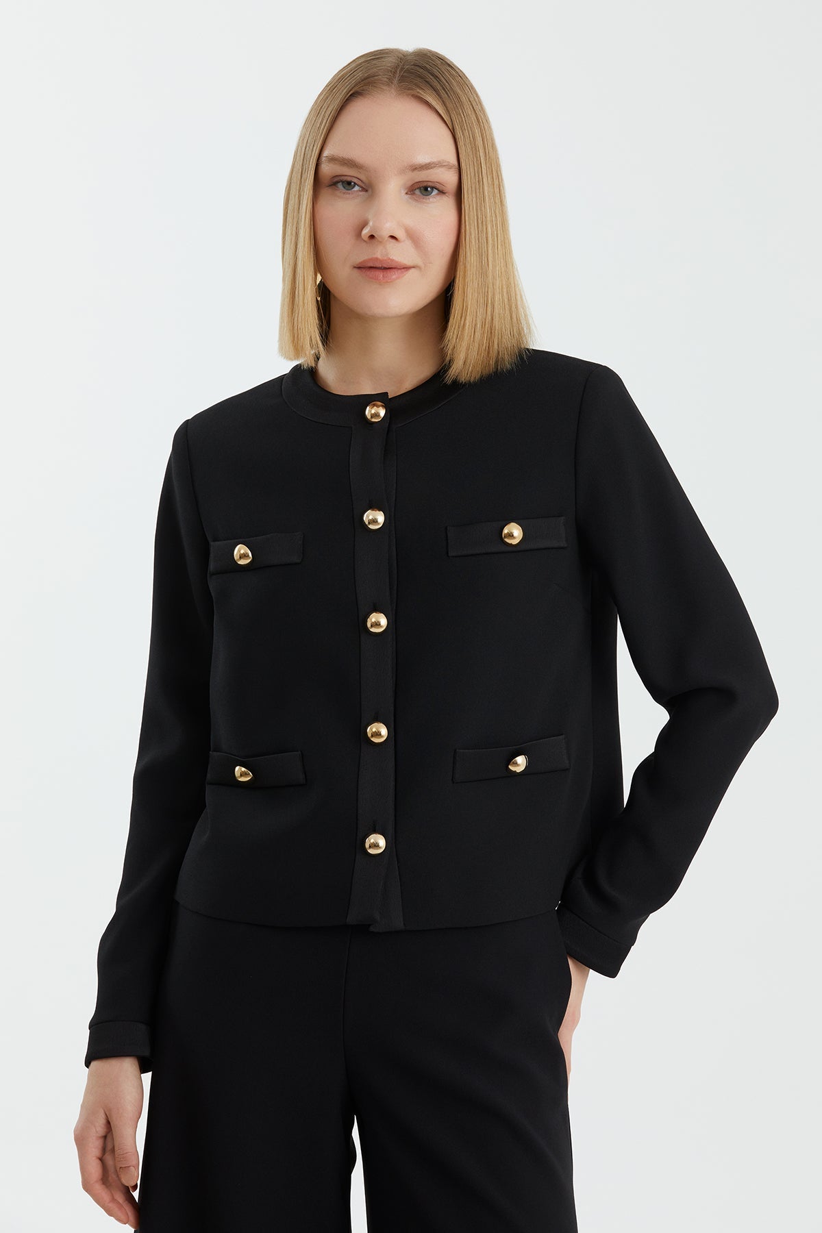 Black Shoulder-Padded Metal Button Blazer