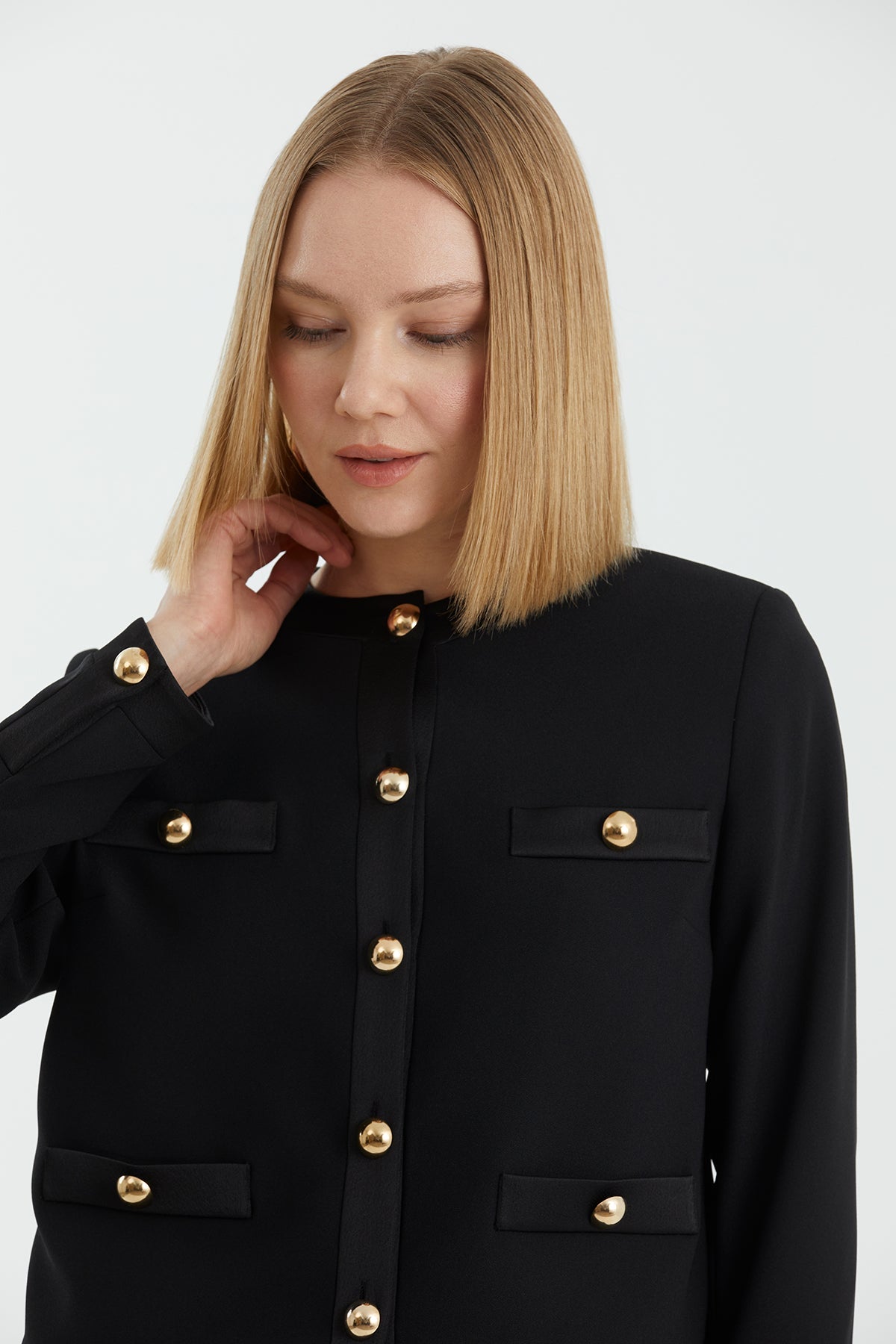 Black Shoulder-Padded Metal Button Blazer