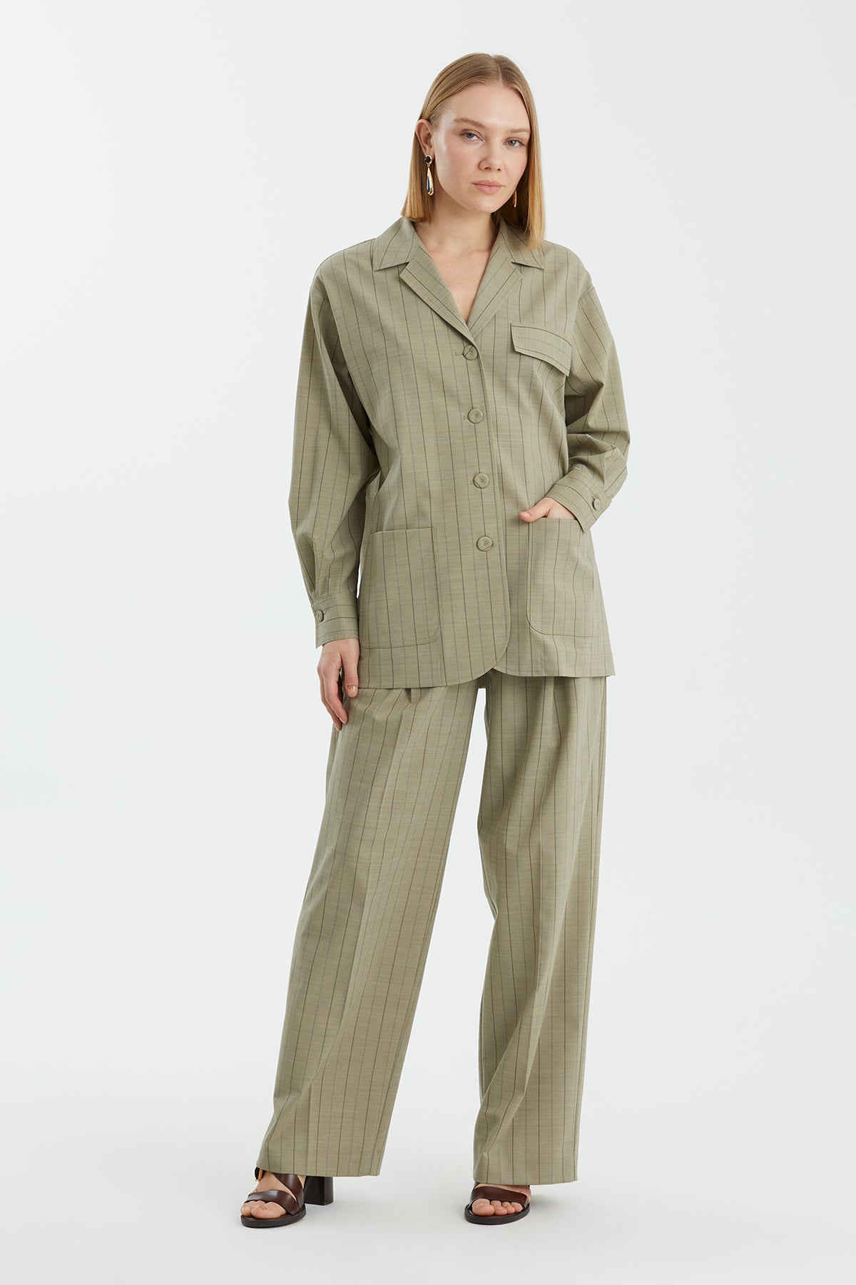 Green Front-Pocket Wool-Blend Jacket